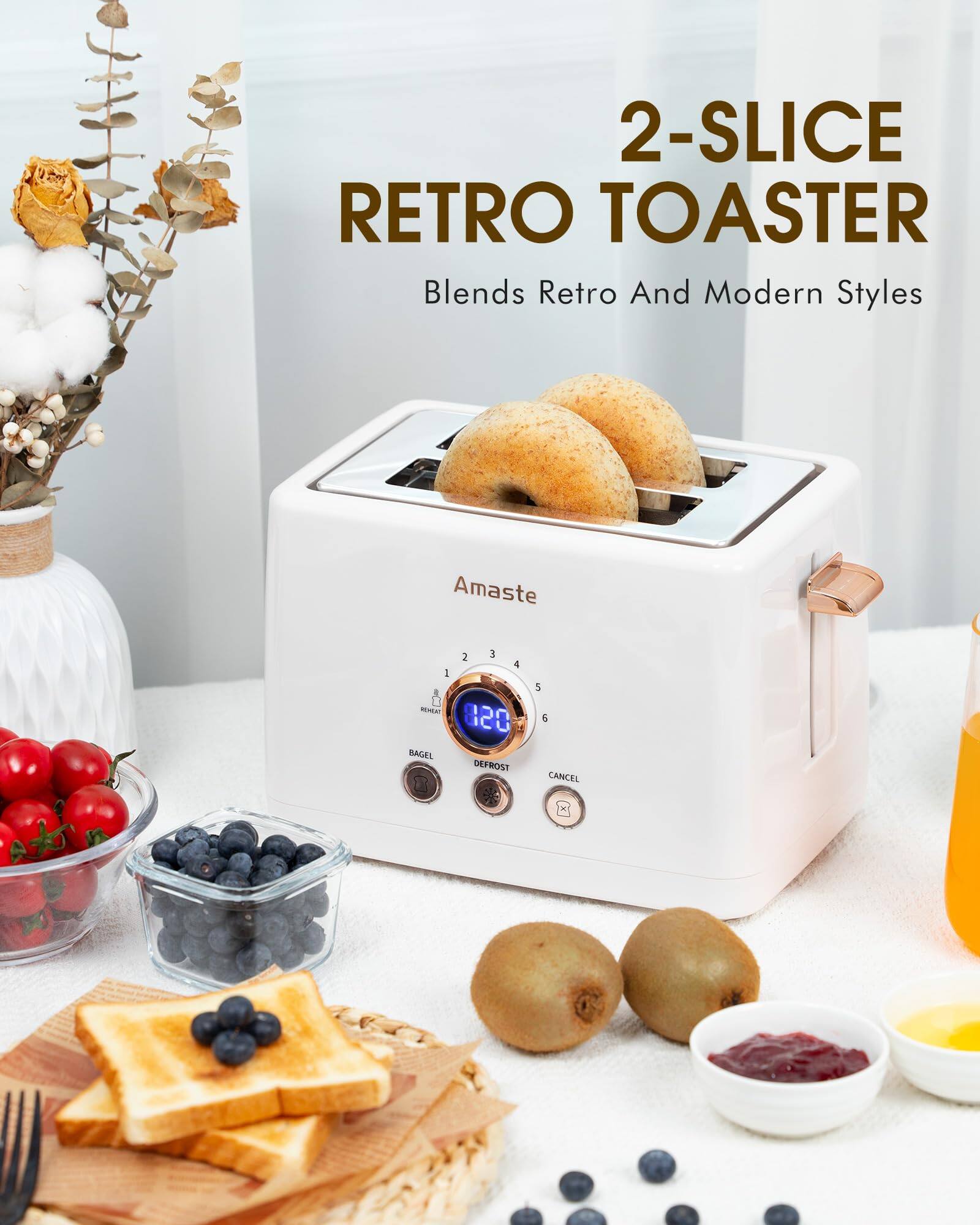 2-Slice Retro Toaster  
Blends Retro And Modern Styles  

Amaste  

1 2 3 4 5 6  
BAGEL DEFROST CANCEL  
020