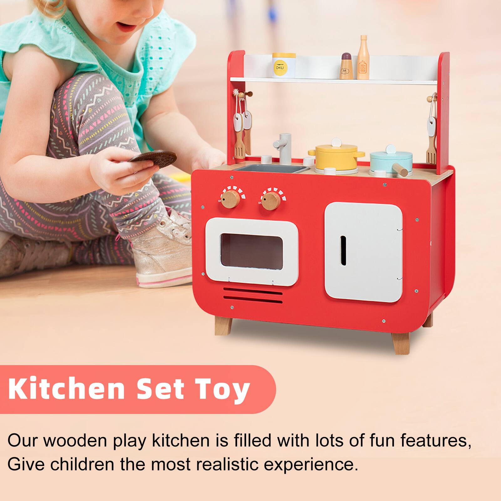 Kitchen Set Toy

Our wooden play kitchen is filled with lots of fun features, giving children the most realistic experience.