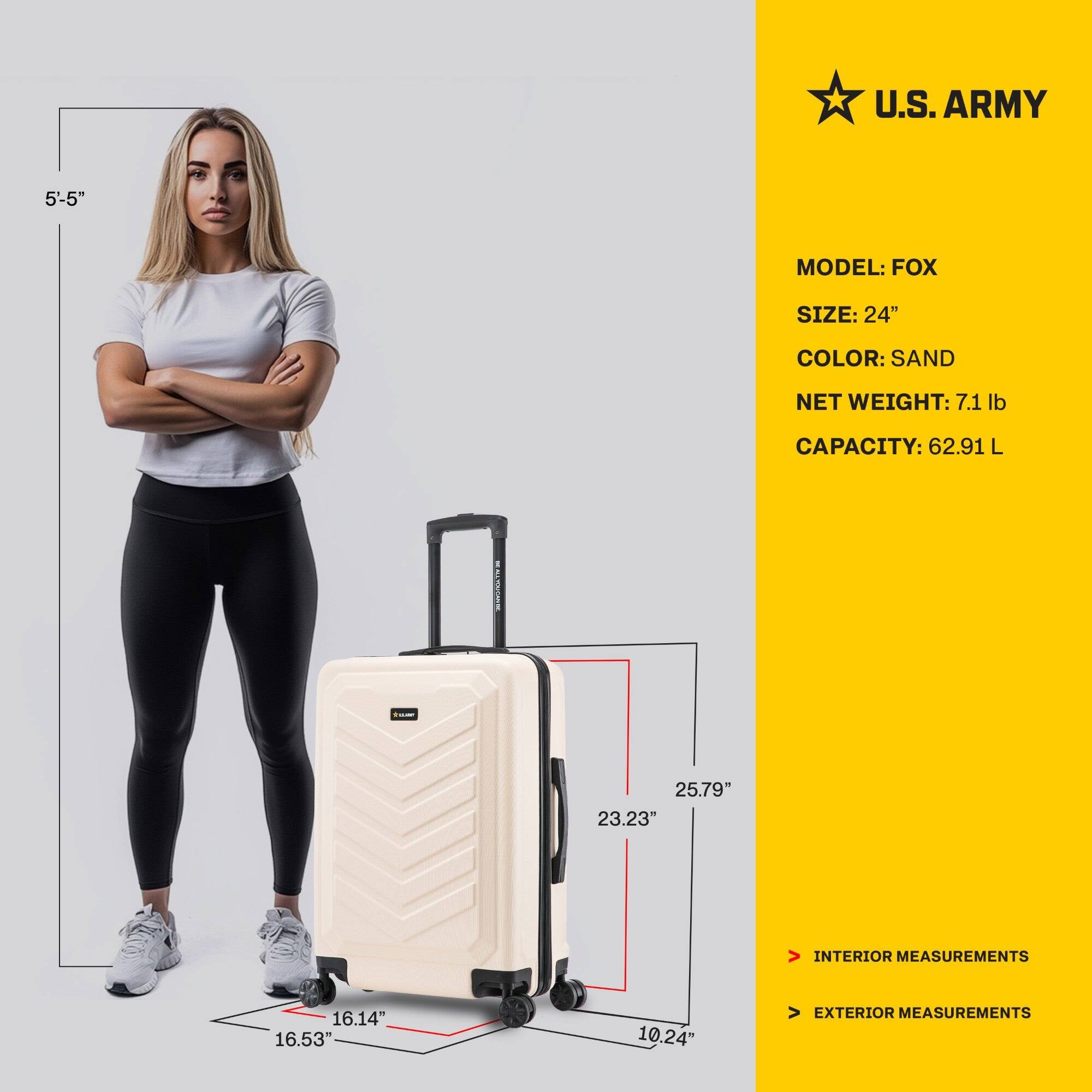 U.S. ARMY  
MODEL: FOX  
SIZE: 24"  
COLOR: SAND  
NET WEIGHT: 7.1 lb  
CAPACITY: 62.91 L  

INTERIOR MEASUREMENTS  
16.14" x 16.53" x 10.24"  

EXTERIOR MEASUREMENTS  
25.79" x 23.23" x 10.24"