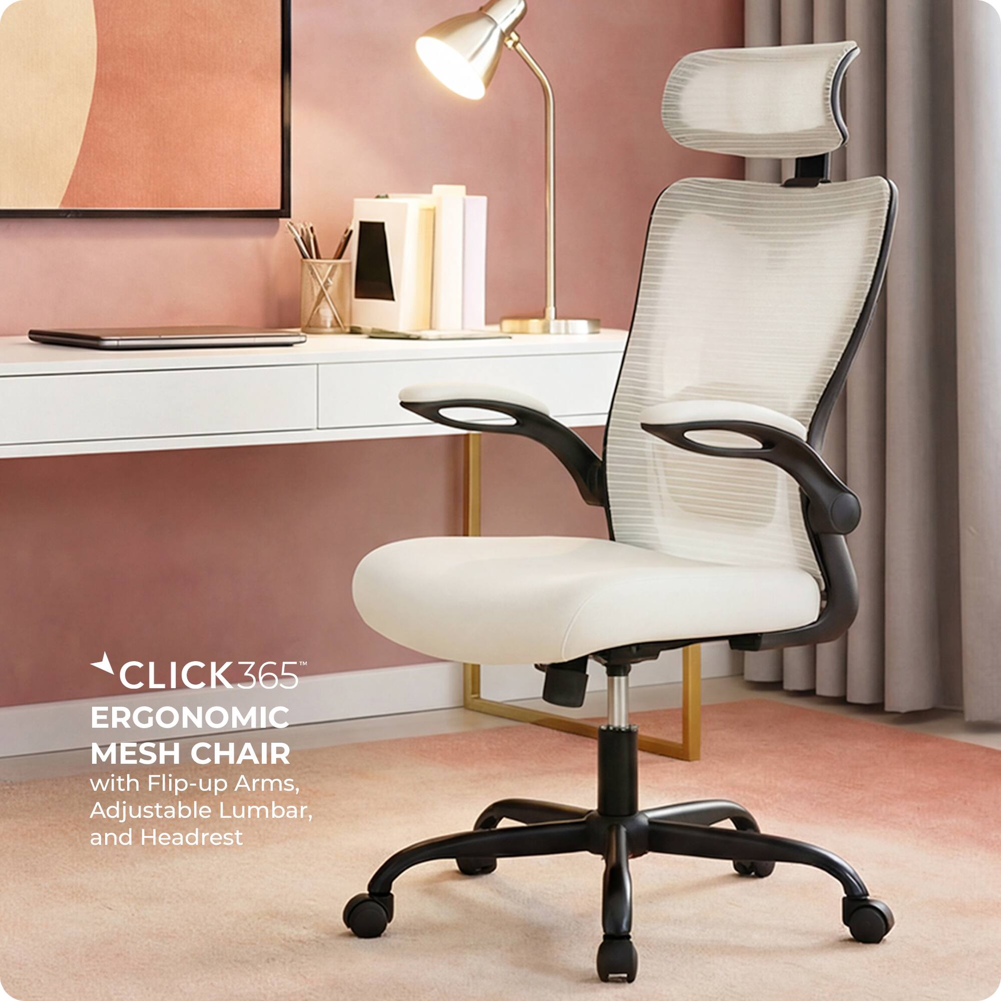 CLICK365 ERGONOMIC MESH CHAIR with Flip-up Arms, Adjustable Lumbar, and Headrest