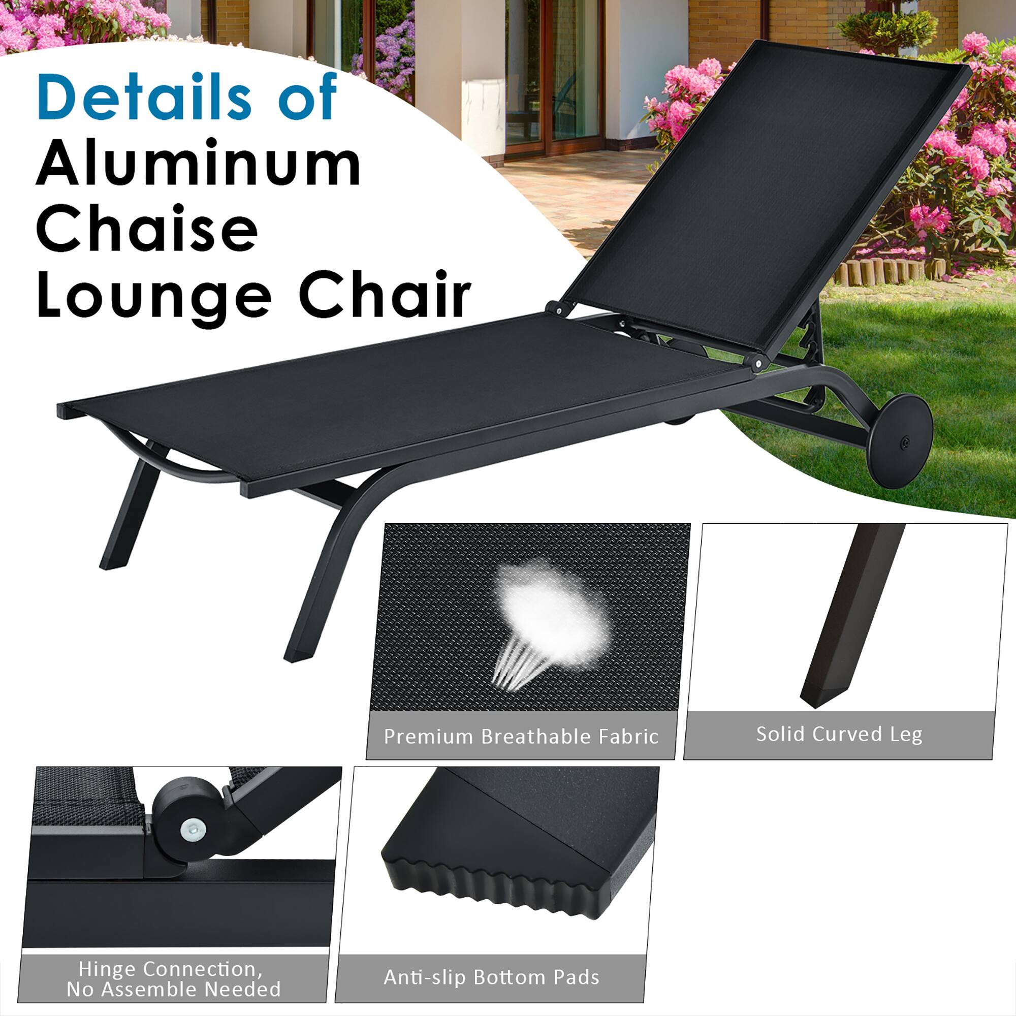 Details of Aluminum Chaise Lounge Chair

Premium Breathable Fabric
Solid Curved Leg
Hinge Connection, No Assemble Needed
Anti-slip Bottom Pads
