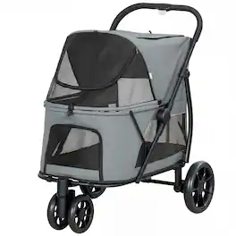 Pawhut - Wheel Pet Stroller with Easy One-Click Quick Fold, Mesh Window, Washable Cushion - Gray