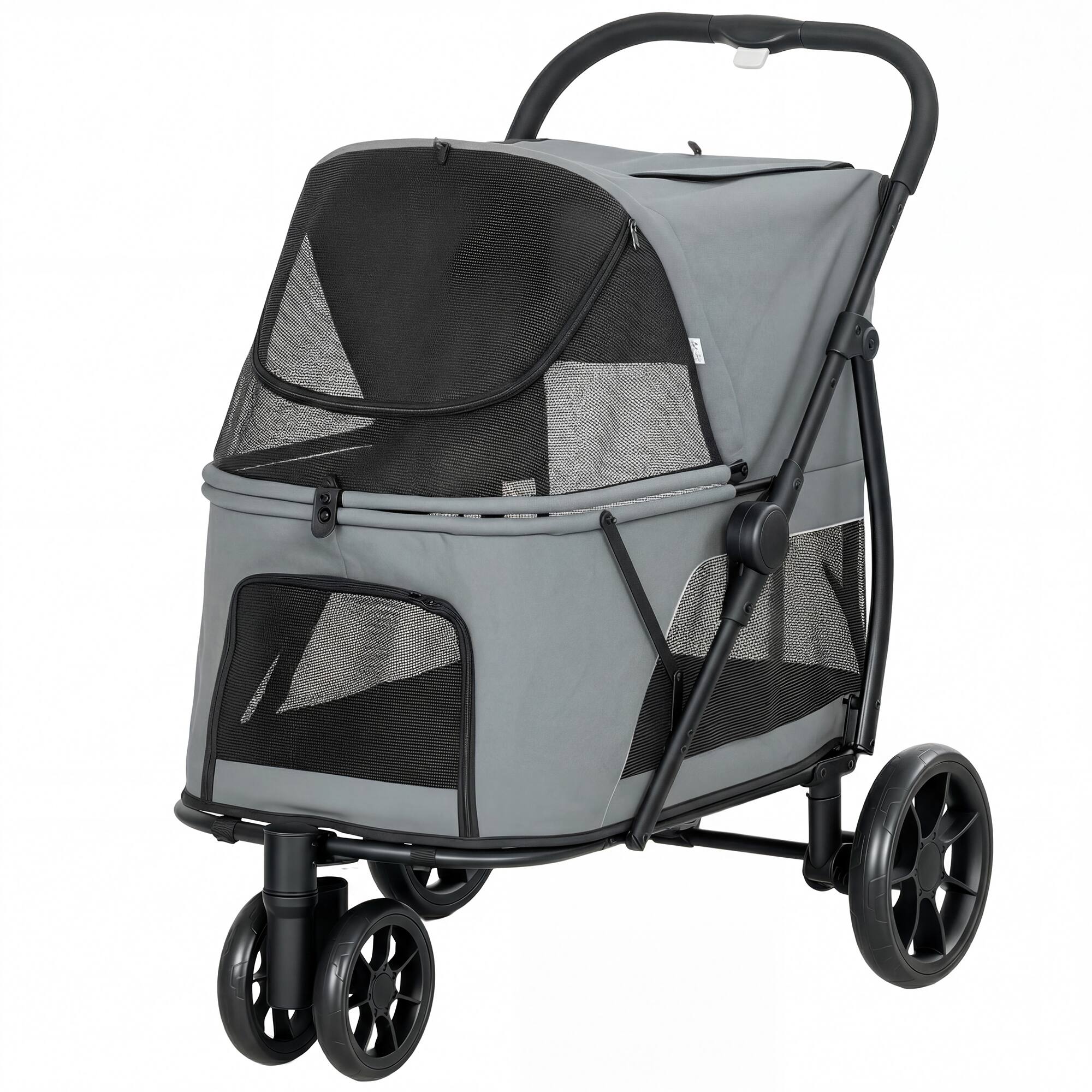 Front. Pawhut - Wheel Pet Stroller with Easy One-Click Quick Fold, Mesh Window, Washable Cushion - Gray.