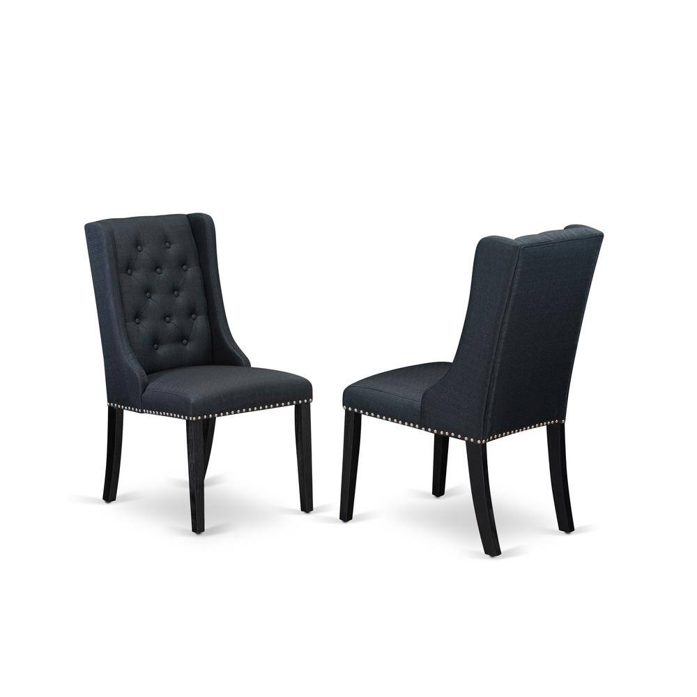 East West Furniture - Linen Fabric Parson Dining Chairs and Button Tufted Back with Wire Brushed Rubber Wood Legs - Set of 2 - Black