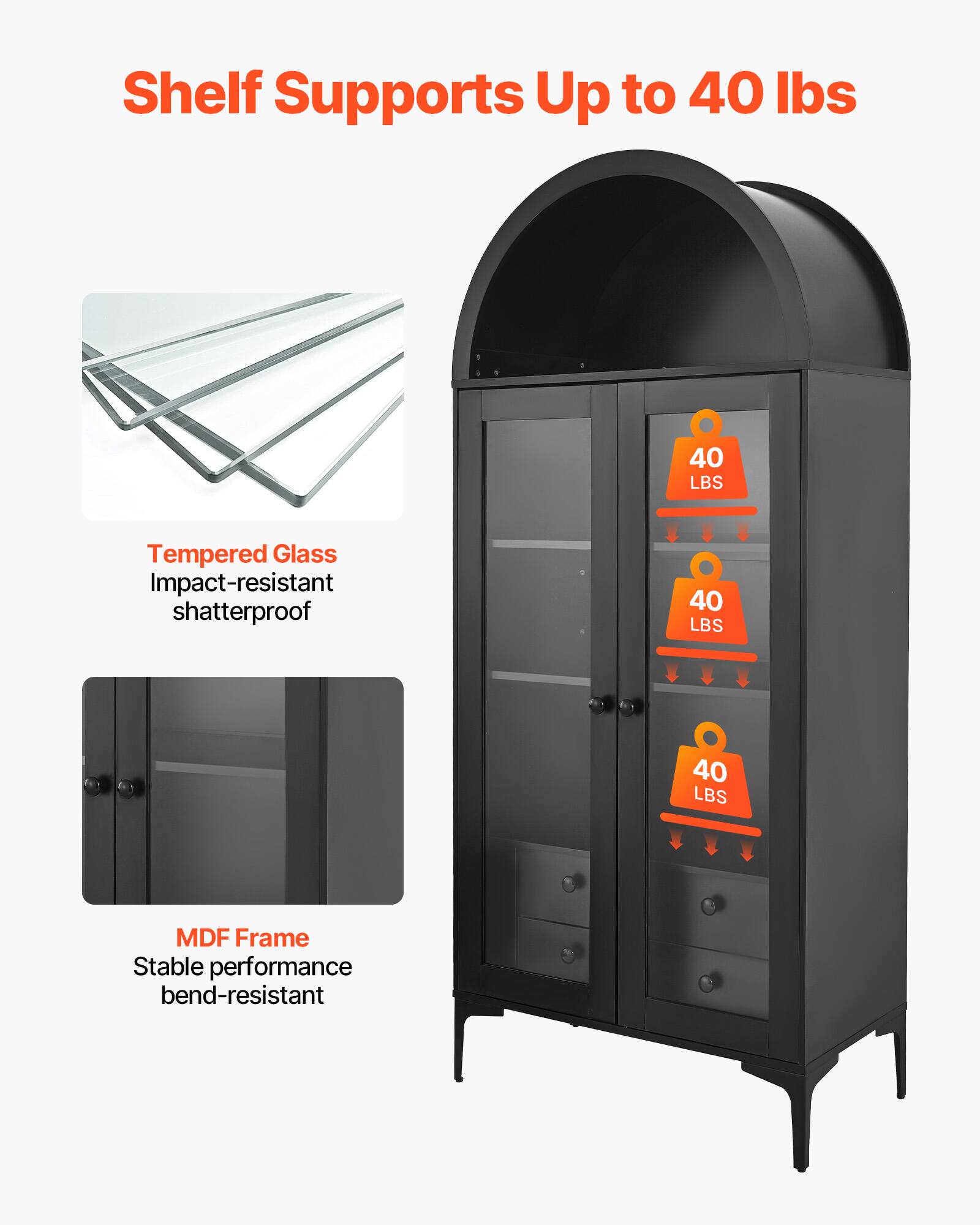 Shelf Supports Up to 40 lbs

- Tempered Glass
  - Impact-resistant
  - Shatterproof

- MDF Frame
  - Stable performance
  - Bend-resistant

40 LBS
40 LBS
40 LBS