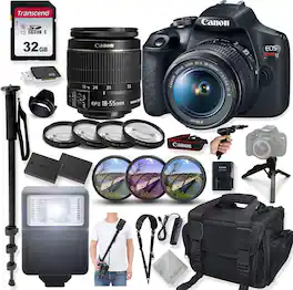 Bundle - Canon - EOS Rebel T7 DSLR Camera Kit with 18-55mm Lens, Monopod, Tripod and Accessories - Black