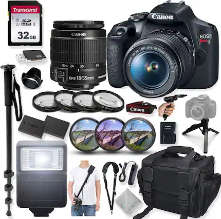 Transcend 32GB SDHC U3 I
Canon 18-55mm f/3.5-5.6 IS STM Lens
Canon EOS Rebel T7
Canon Zoom Lens EF-S 18-55mm 1:3.5-5.6 IS
Canon Speedlite Flash
Canon Camera Bag
Canon Tripod
Canon Camera Strap
Canon Lens Hood
Canon Lens Cap
