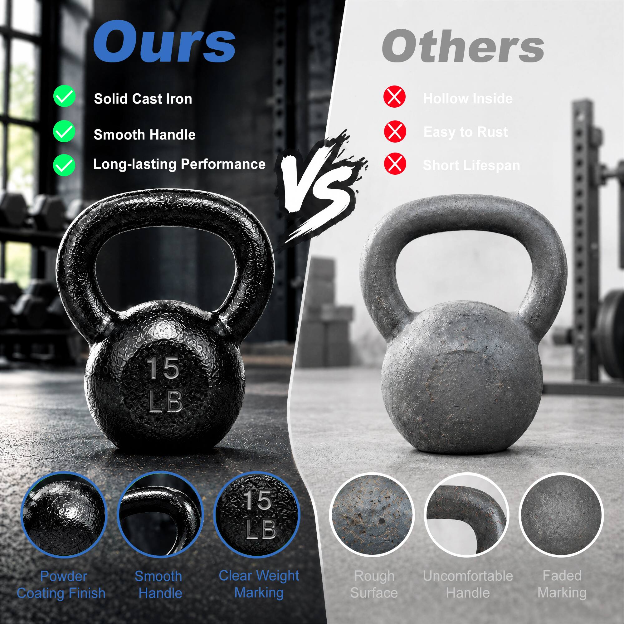 Ours Others Solid Cast Iron Hollow Inside Smooth Handle Easy to Rust Long-lasting Performance Short Lifespan VS

15 LB
15 LB

Powder Coating Finish
Smooth Handle
Clear Weight Marking

Rough Uncomfortable Faded Surface Handle Marking