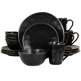 Elama - Modern 16 Piece Stoneware Dinnerware Set in Matte with Gold Rim - Black