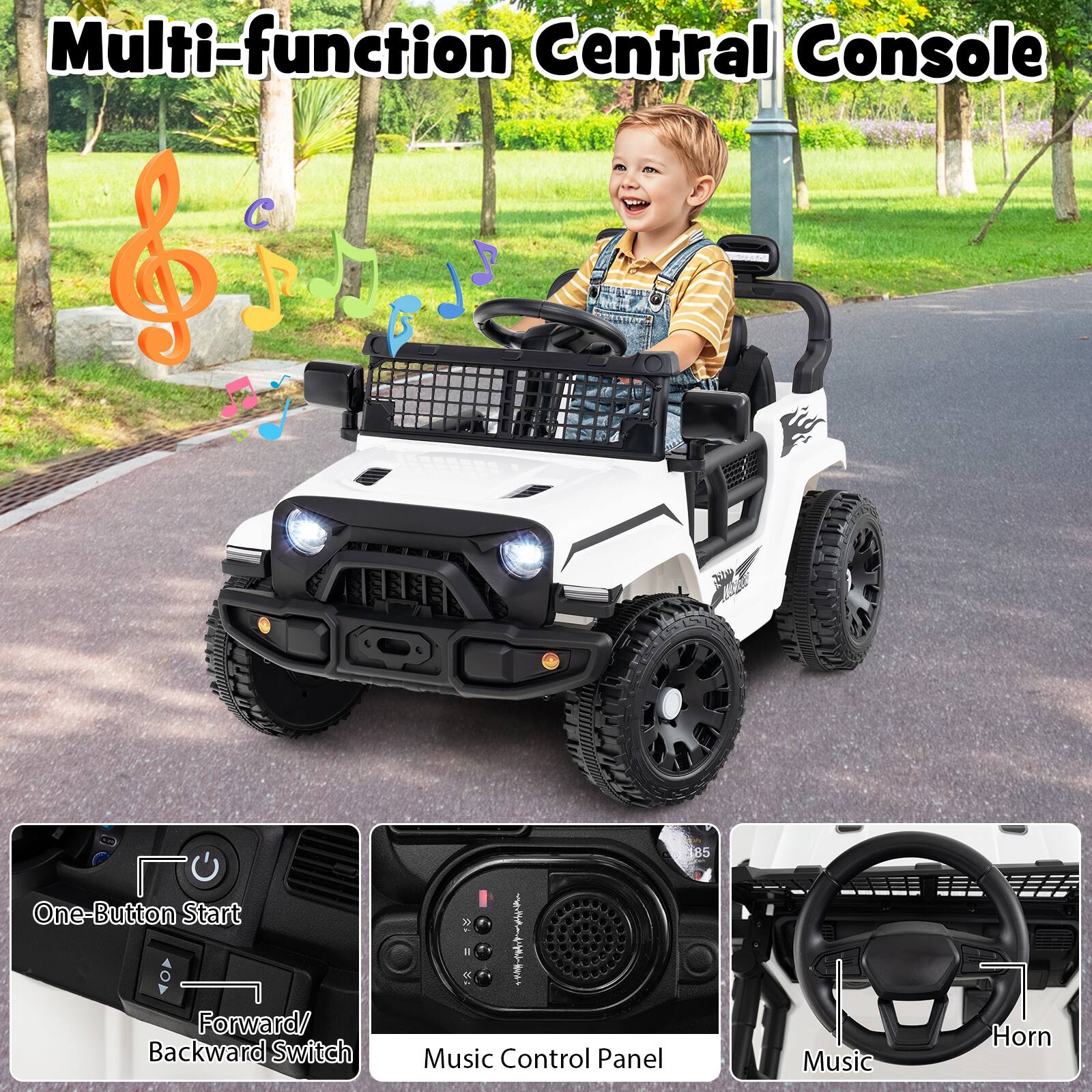 Multi-function Central Console

- One-Button Start
- Forward/Backward Switch
- Music Control Panel
- Music Horn