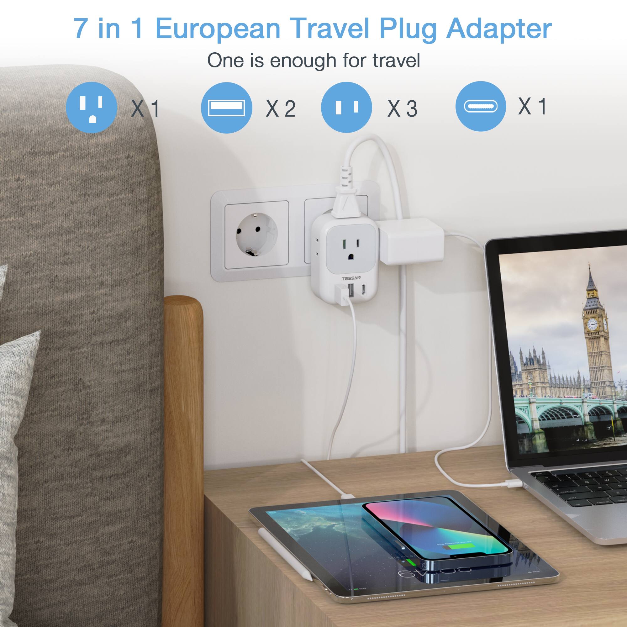 7 in 1 European Travel Plug Adapter  
One is enough for travel  

X1  
X2  
X3  
X1  

TESSAR