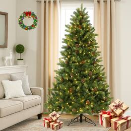 BreeBe - 6/7 FT Artificial Tree with Pine Cones & Adjustable Light Brightness - Green