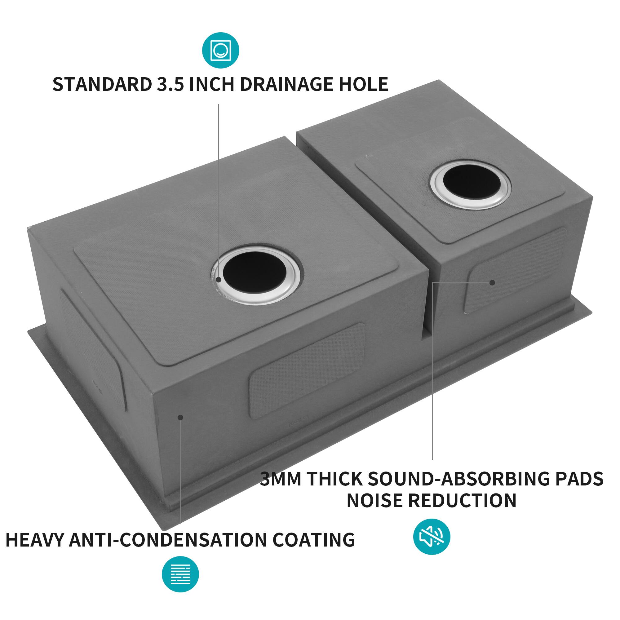 STANDARD 3.5 INCH DRAINAGE HOLE

3MM THICK SOUND-ABSORBING PADS NOISE REDUCTION

HEAVY ANTI-CONDENSATION COATING