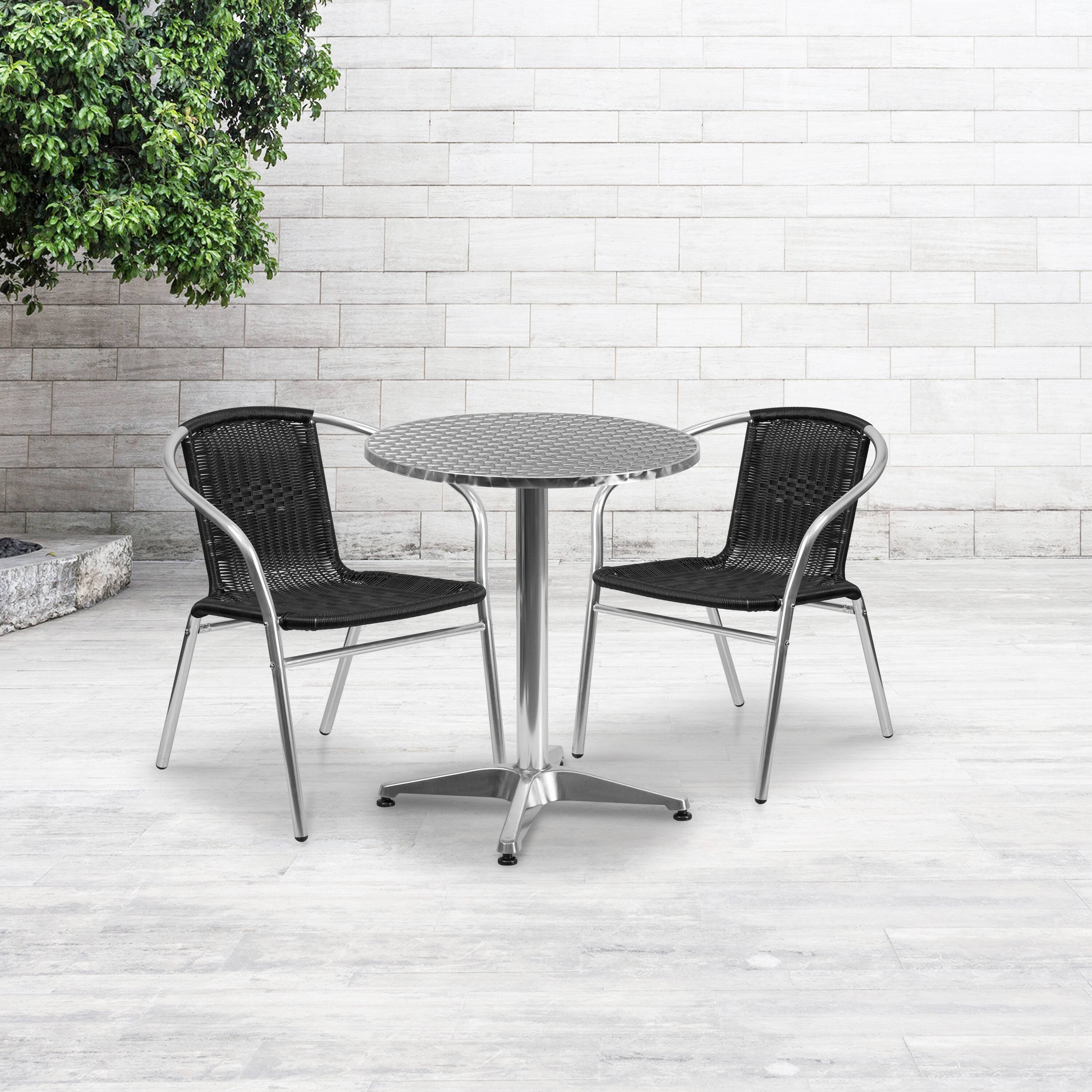 Alt View 1. Emma + Oliver - 23.5" Round Aluminum Garden Patio Table Set with 2 Rattan Chairs - Black.