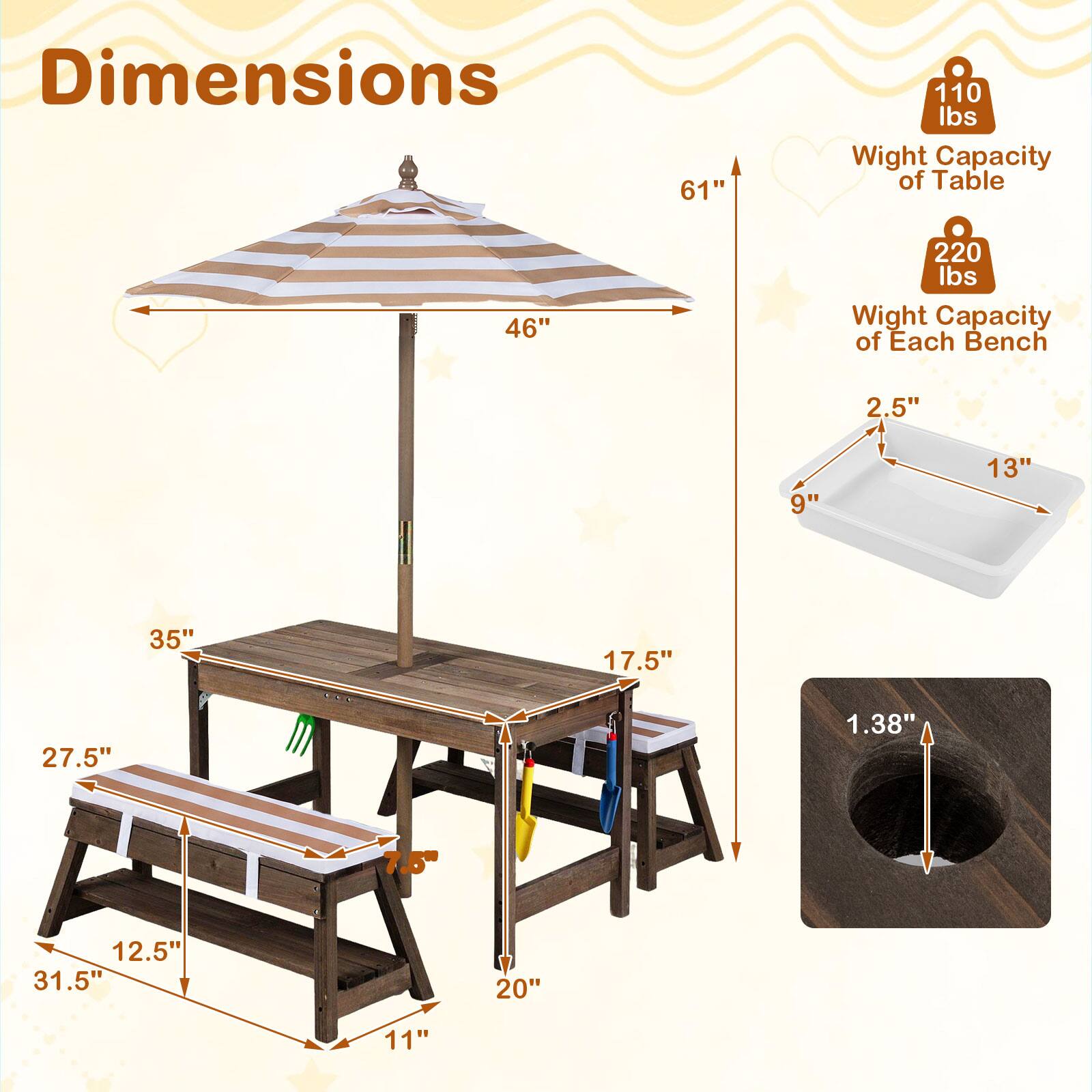 Dimensions: 61"  
Weight Capacity of Table: 110 lbs  
Weight Capacity of Each Bench: 220 lbs  

Dimensions:  
- 46"  
- 2.5"  
- 9"  
- 13"  
- 35"  
- 17.5"  
- 27.5"  
- 1.38"  
- 7.5"  
- 12.5"  
- 31.5"  
- 20"  
- 11"
