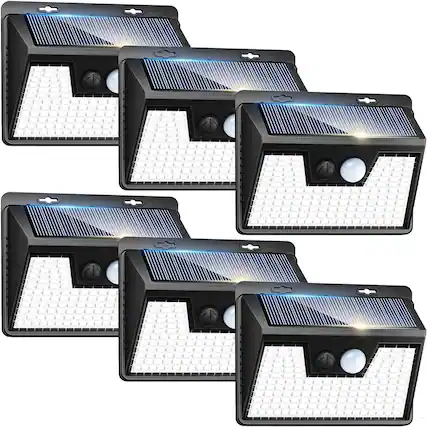 Front. MOSZAR LLC - Outdoor Motion Sensor Solar Lights, 6-PACK 140 LED Waterproof Fence Light - Black Frame.