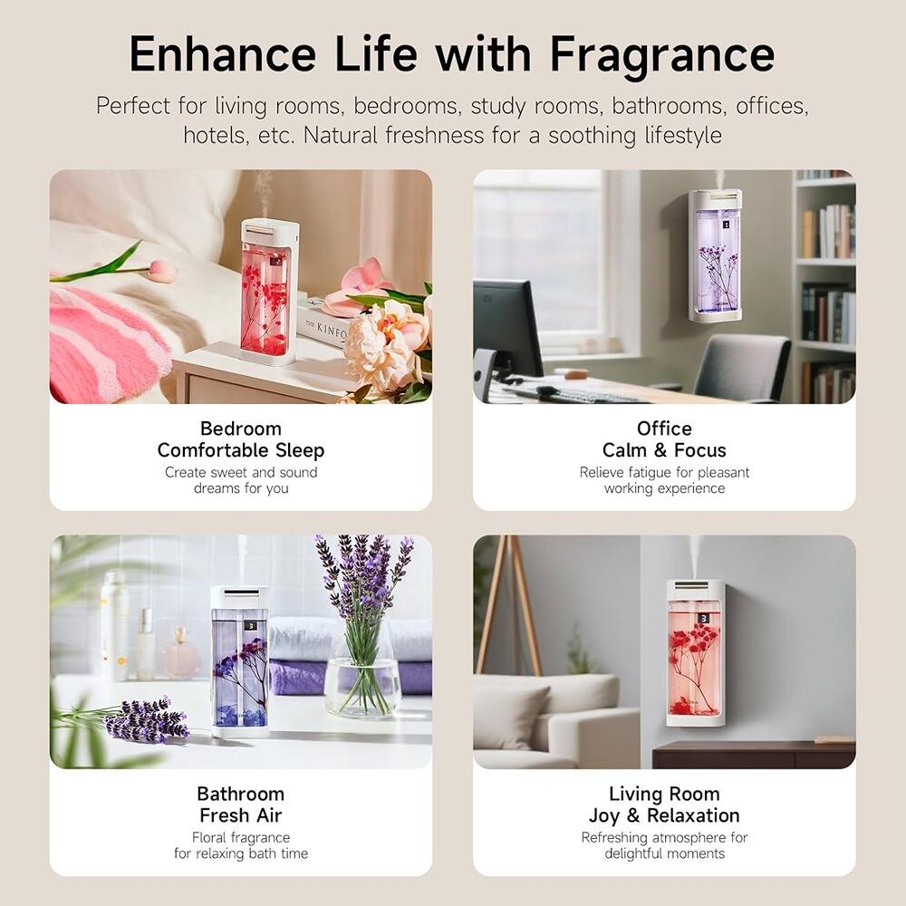 Enhance Life with Fragrance

Perfect for living rooms, bedrooms, study rooms, bathrooms, offices, hotels, etc. Natural freshness for a soothing lifestyle

- Bedroom
  Comfortable Sleep
  Create sweet and sound dreams for you

- Office
  Calm & Focus
  Relieve fatigue for pleasant working experience

- Bathroom
  Fresh Air
  Floral fragrance for relaxing bath time

- Living Room
  Joy & Relaxation
  Refreshing atmosphere for delightful moments