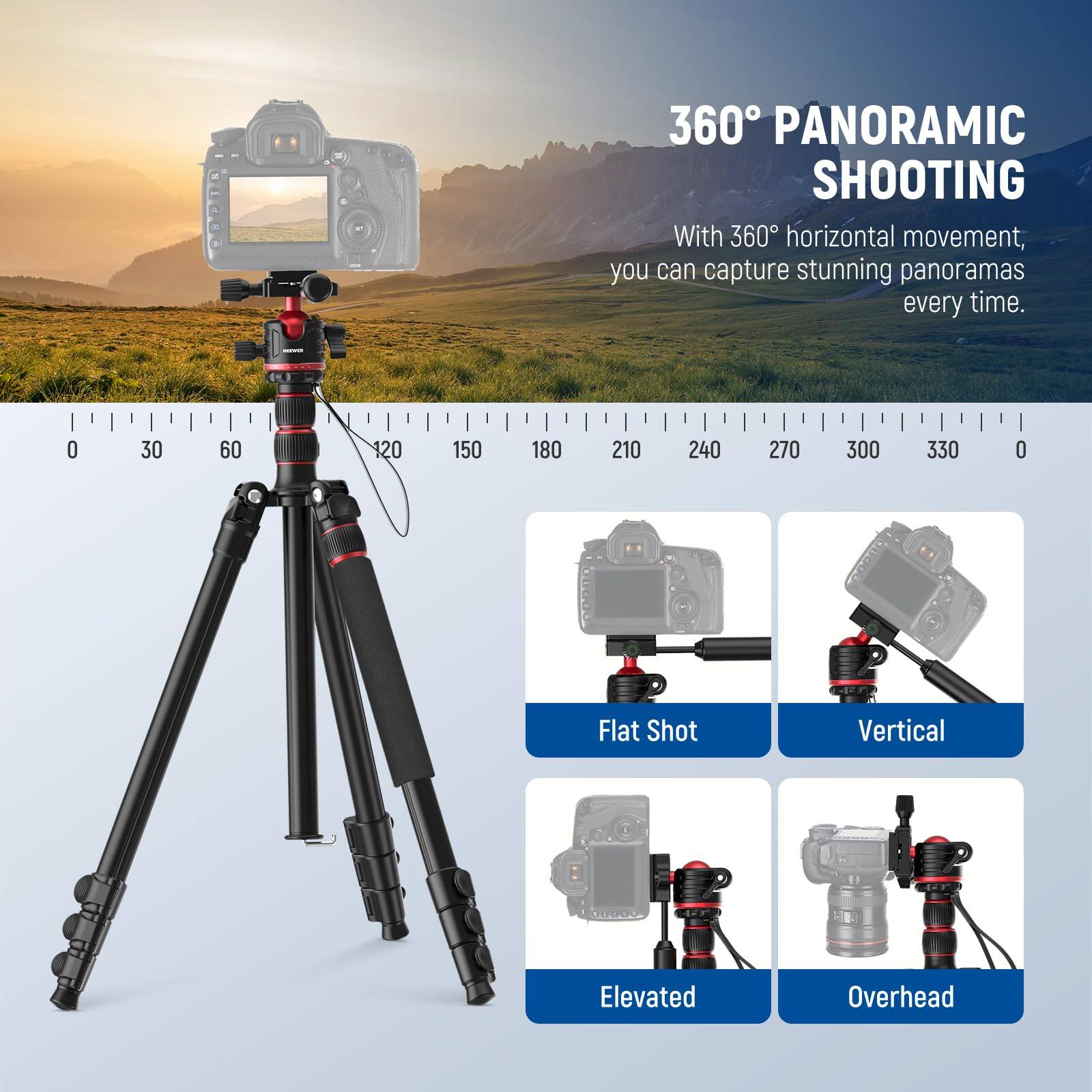 360° PANORAMIC SHOOTING

With 360° horizontal movement, you can capture stunning panoramas every time.

Flat Shot  
Vertical  
Elevated  
Overhead
