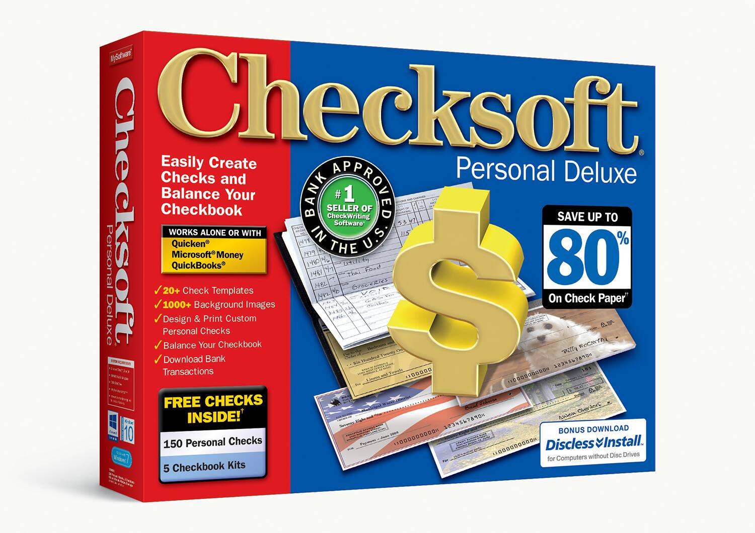 Checksoft Personal Deluxe

Easily Create Checks and Balance Your Checkbook

- Works alone or with:
  - Quicken®
  - Microsoft® Money
  - QuickBooks®

- 20+ Check Templates
- 1000+ Background Images
- Design & Print Custom Personal Checks
- Balance Your Checkbook
- Download Bank Transactions

FREE CHECKS INSIDE!
150 Personal Checks
5 Checkbook Kits

BANK SELLER APPROVED
#1 SELLER OF CheckWriting Software in the U.S.

SAVE UP TO 80% On Check Paper

BONUS DOWNLOAD
Discless Install for Computers without Disc Drives
