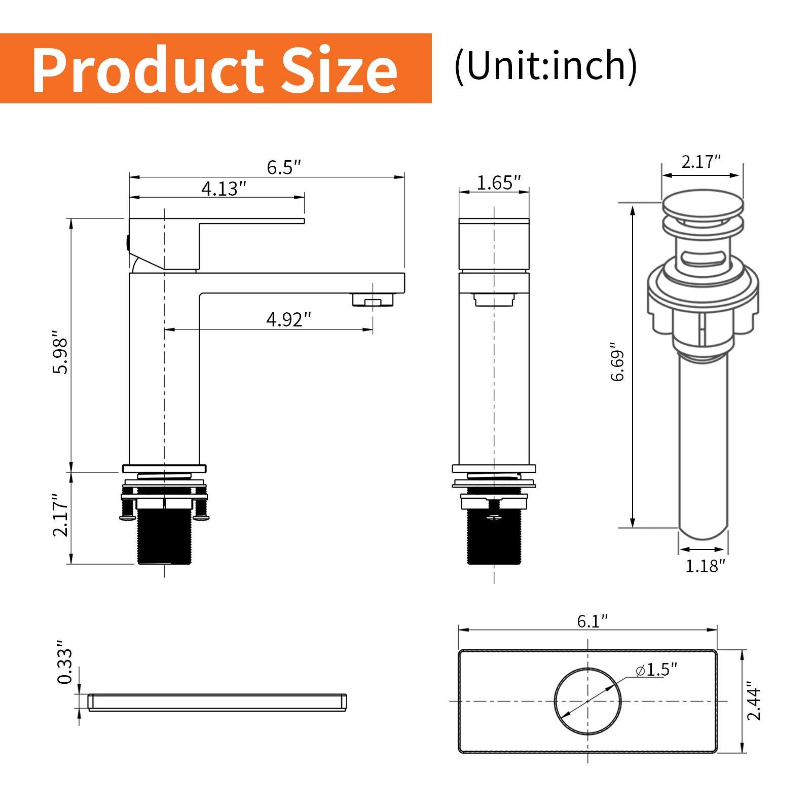 Product Size (Unit: inch)

- 6.5"
- 4.13"
- 5.98"
- 4.92"
- 2.17"
- 1.65"
- 6.69"
- 2.17"
- 1.18"
- 0.33"
- 6.1"
- 1.5"
- 2.44"
- 2.17"
- 1.65"
- 6.69"
- 1.18"
- 2.17"
- 6.1"
- 1.5"
- 2.44"