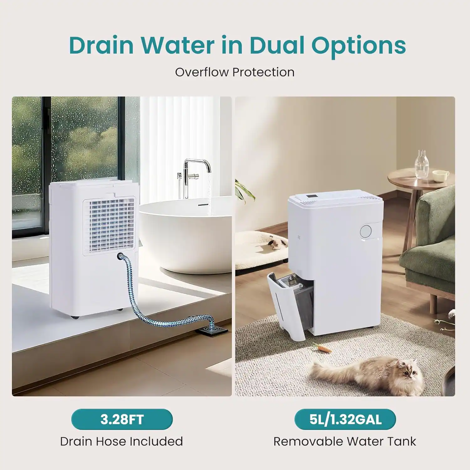 Drain Water in Dual Options  
Overflow Protection  

3.28FT Drain Hose Included  
5L/1.32GAL Removable Water Tank