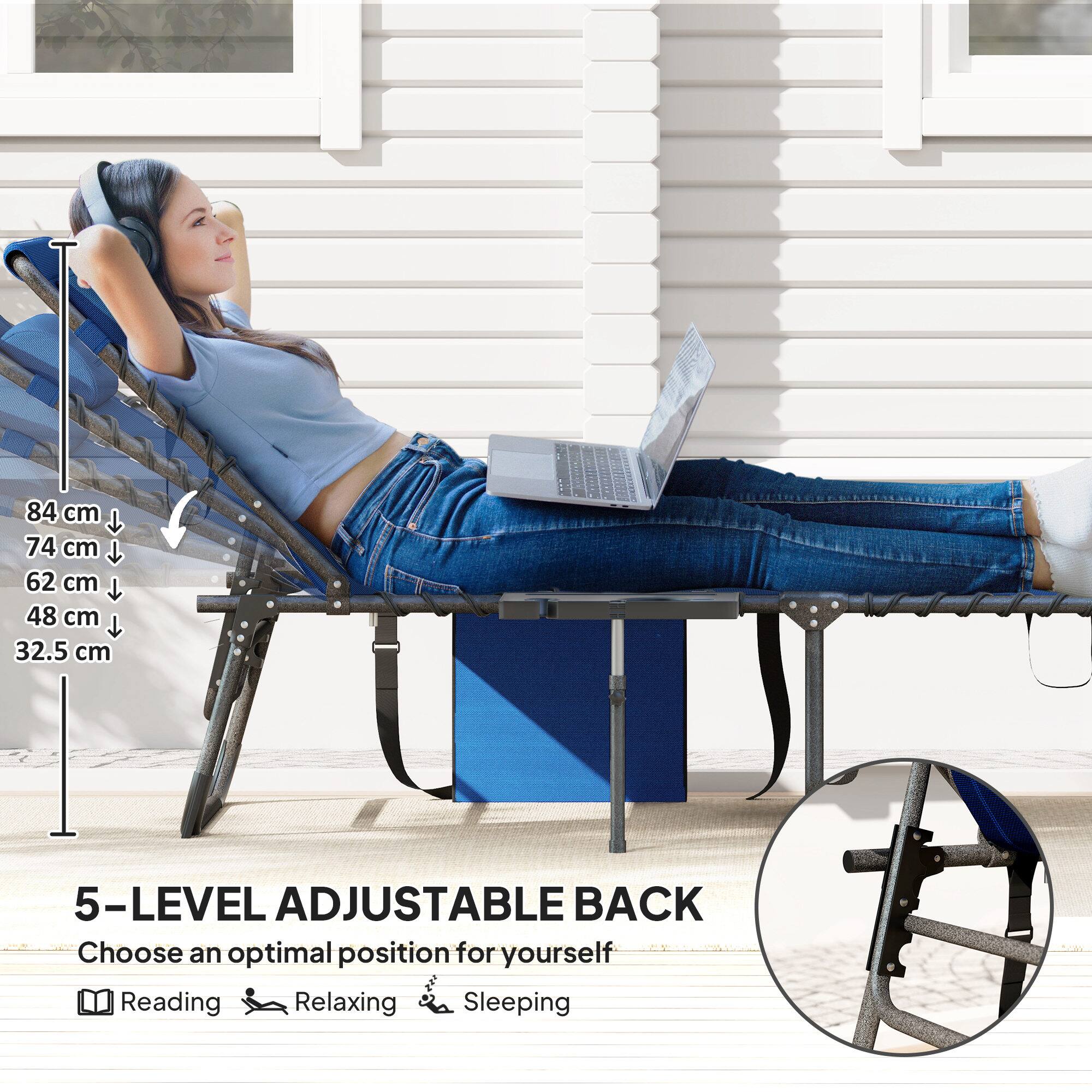 84 cm, 74 cm, 62 cm, 48 cm, 32.5 cm, 5-LEVEL ADJUSTABLE BACK, Choose an optimal position for yourself, Reading, Relaxing, Sleeping