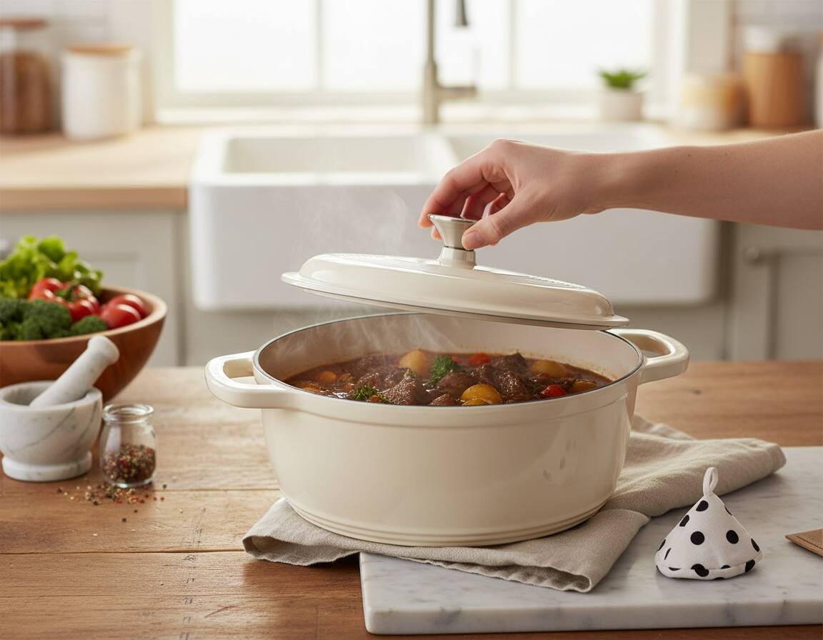 Alt View 4. FINEAK - 5QT Enameled Cast Iron Dutch Oven with Potholders for Versatile Cooking-Cream White - Cream White.