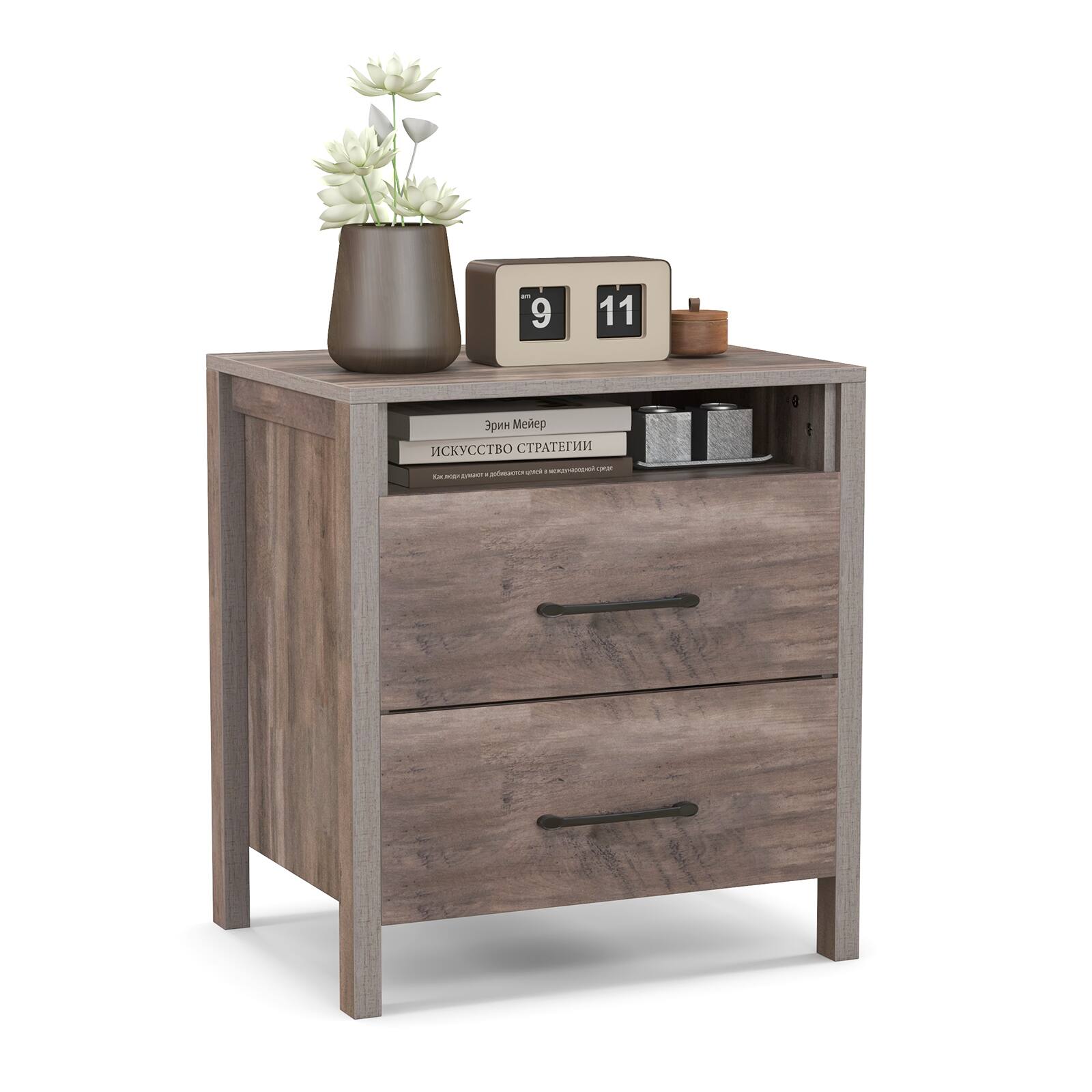 Front. Ecooso - Nightstand with 2 Drawers Farmhouse End Side Table with Open Shelf for Bedroom Storage - Brown.