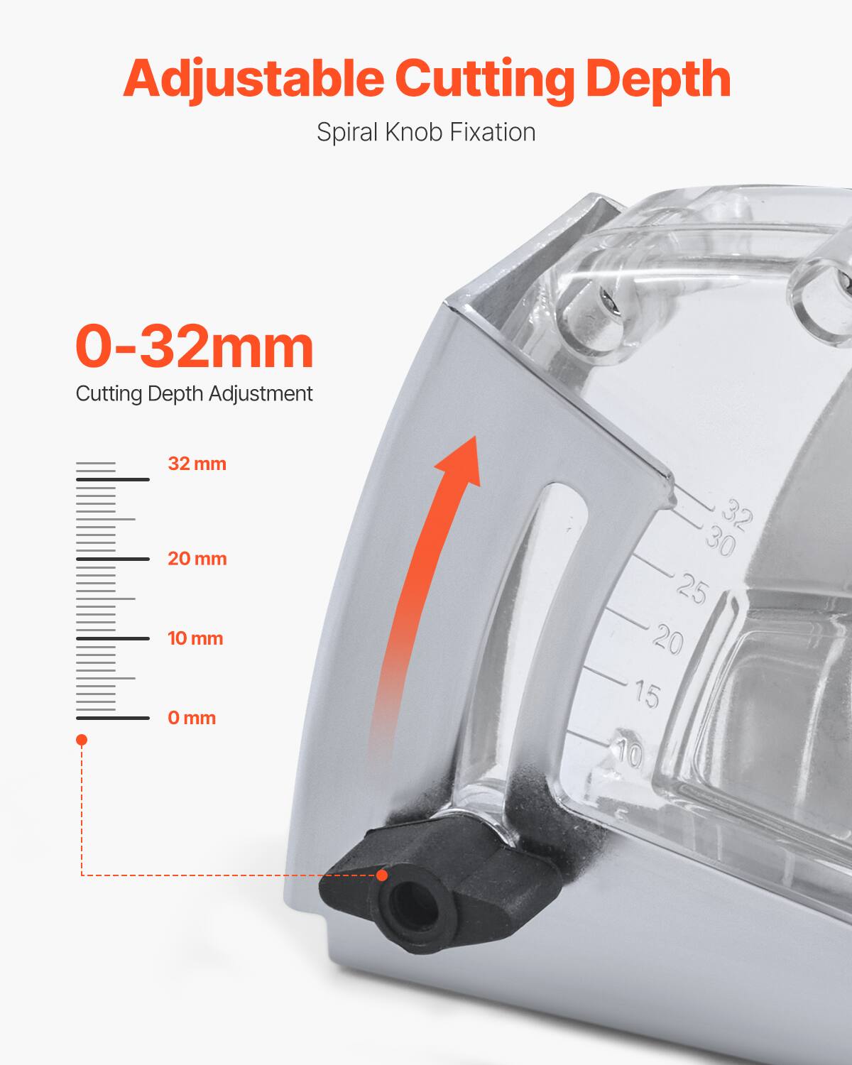 Adjustable Cutting Depth  
Spiral Knob Fixation  

0-32mm  
Cutting Depth Adjustment  

32 mm  
20 mm  
10 mm  
0 mm  

32  
30  
25  
20  
15  
10