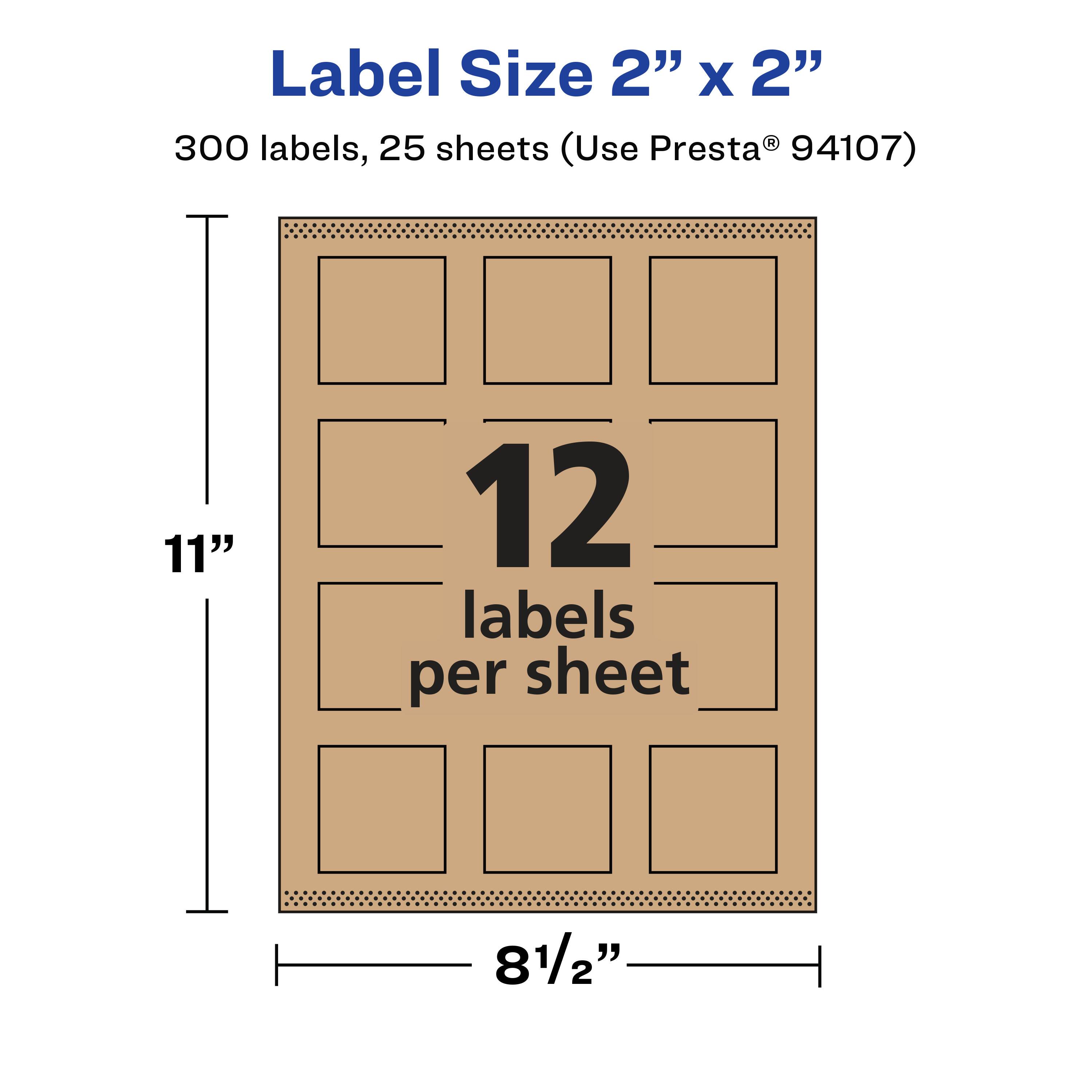 Label Size 2" x 2"  
300 labels, 25 sheets (Use Presta® 94107)  
11"  
12 labels per sheet  
8½"