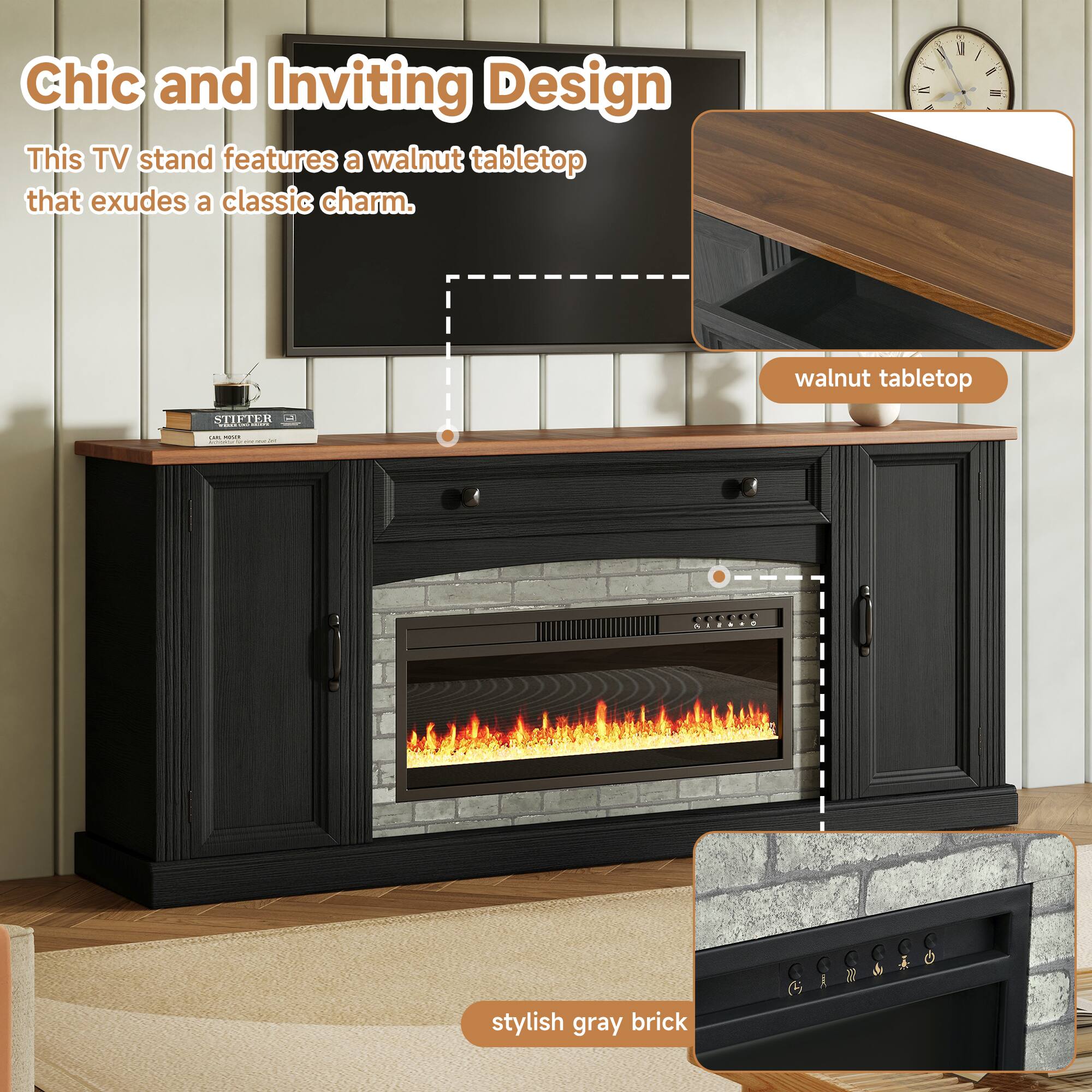 Chic and Inviting Design

This TV stand features a walnut tabletop that exudes a classic charm.

- walnut tabletop
- stylish gray brick
