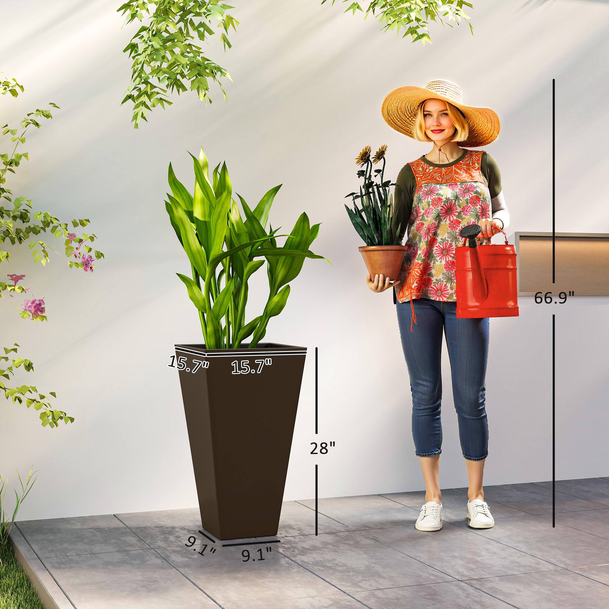 The height of the woman is 66.9", the width of the pot is 15.7", the depth of the pot is 15.7", the height of the woman's leg is 28", the width of the base of the pot is 9.1", and the depth of the base of the pot is 9.1".