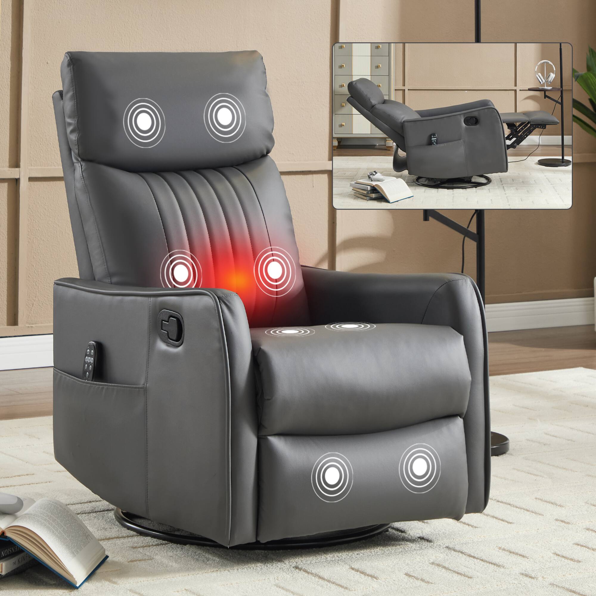 Alt View 8. GOODSILO - Faux Leather Heat Massage Manual Recliner Chair with Rocker and Swivel Function for Living Room Comfort - Grayish Green.