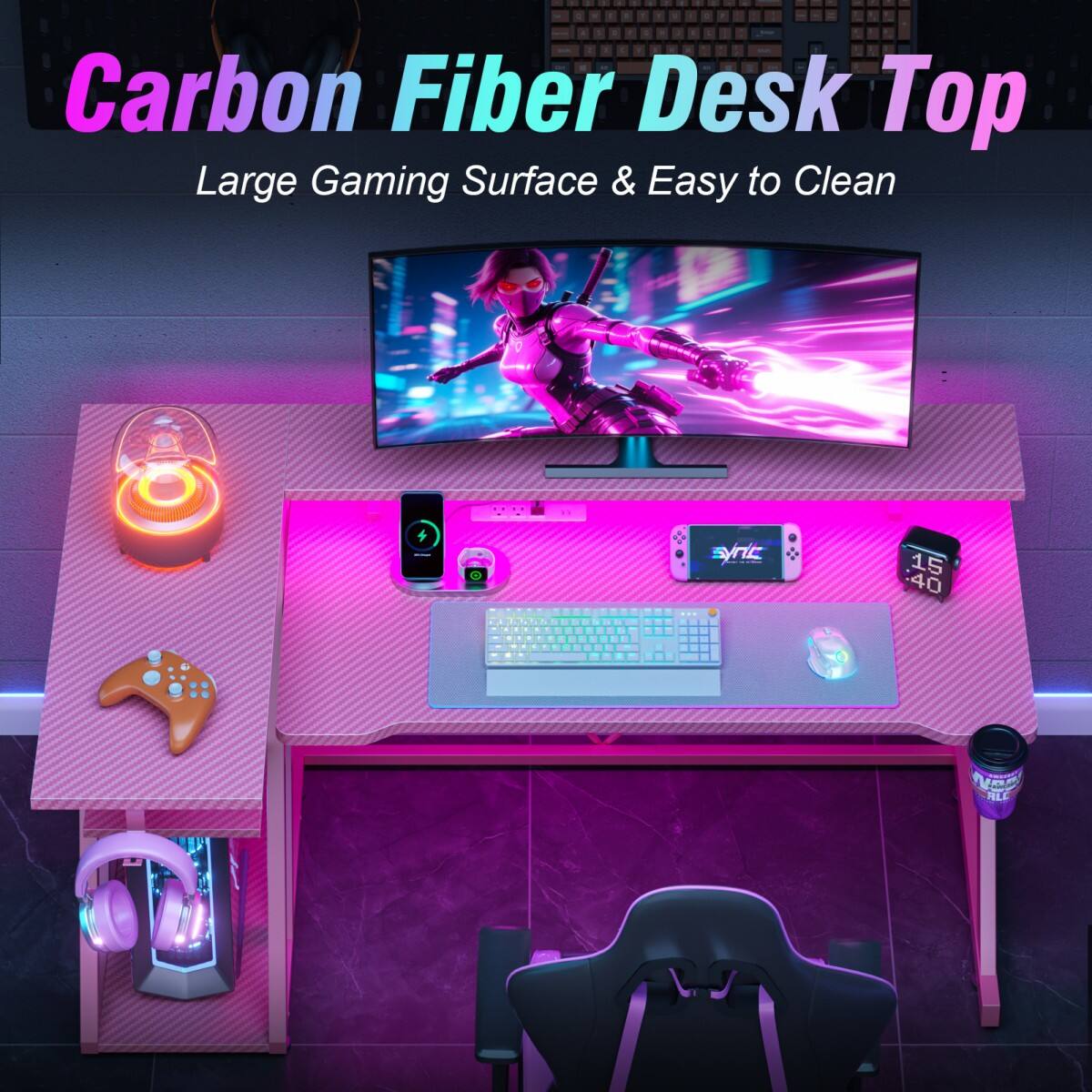 Carbon Fiber Desk Top  
Large Gaming Surface & Easy to Clean