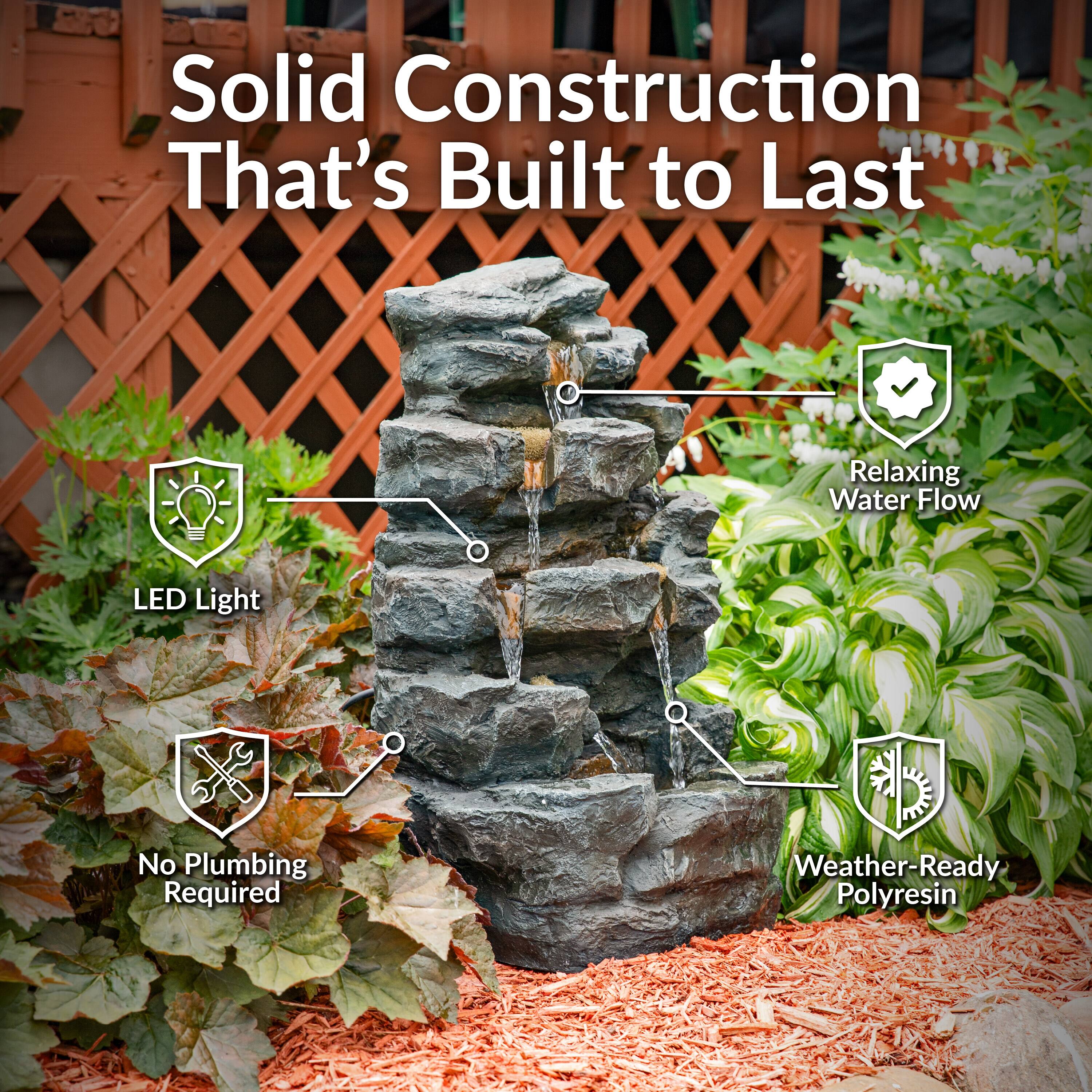 Solid Construction That's Built to Last

- Relaxing Water Flow
- LED Light
- No Plumbing Required
- Weather-Ready Polyresin
