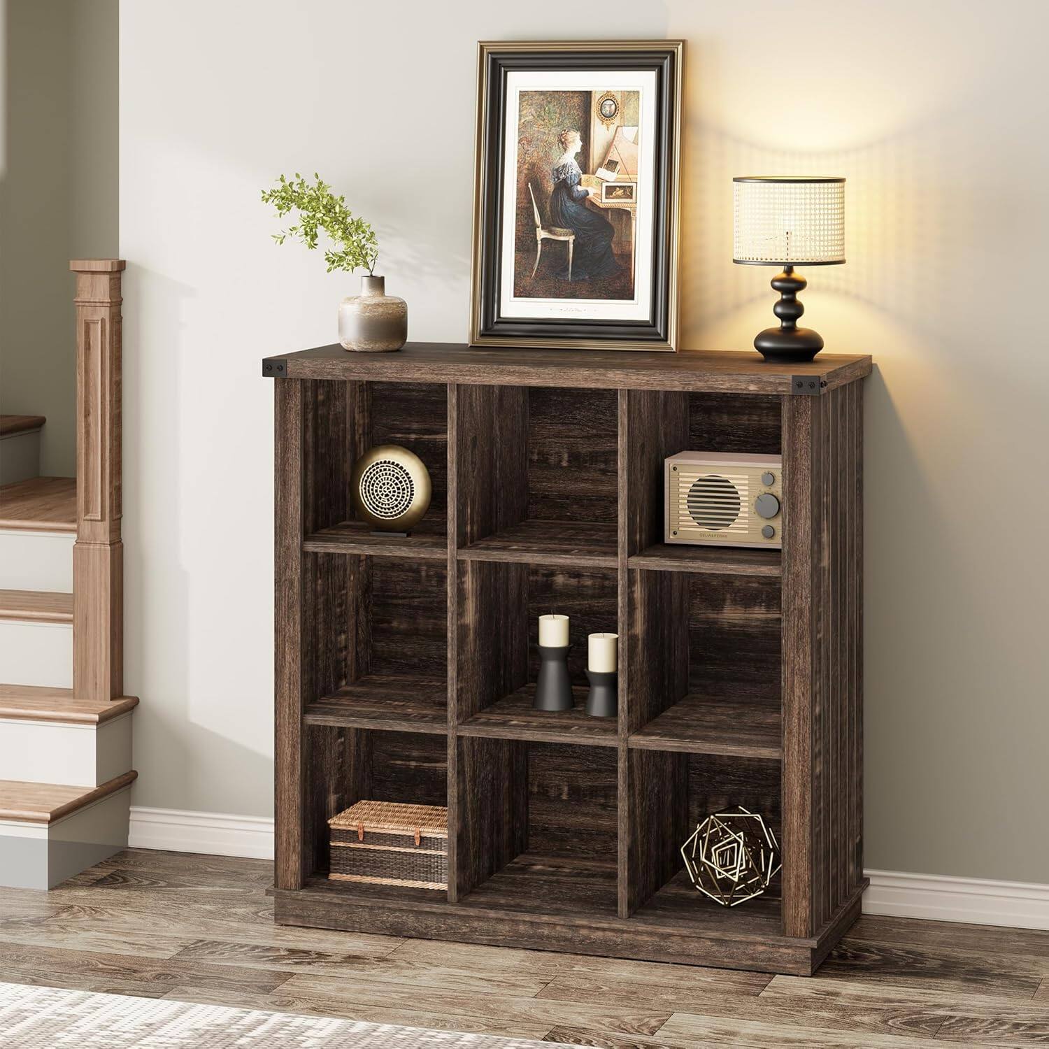 Front. Acekool - 9 Cube Storage Organizer Bookshelf, 4-Tier Farmhouse Horizontal Bookcase, 37.4" Wood Storage, Black - Black.