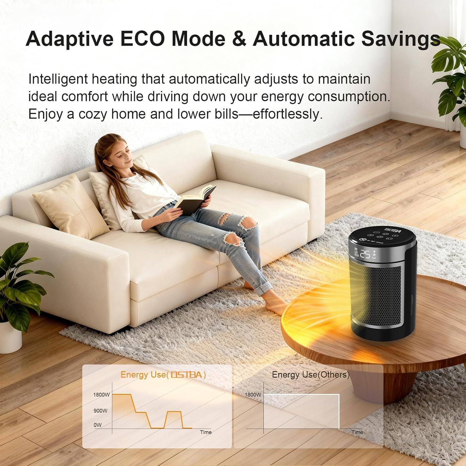 Alt View 5. OSTBA - Space Heater, 1500W Electric Heater with Thermostat, 70° Oscillation, Remote & 24H Timer, Tip-Over/Overheat Protection - Black.