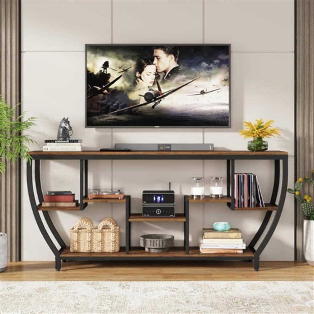 Alt View 1. Hivvago - Industrial Modern 70-inch Long Narrow Console Sofa Table with Wood Shelves - Brown.