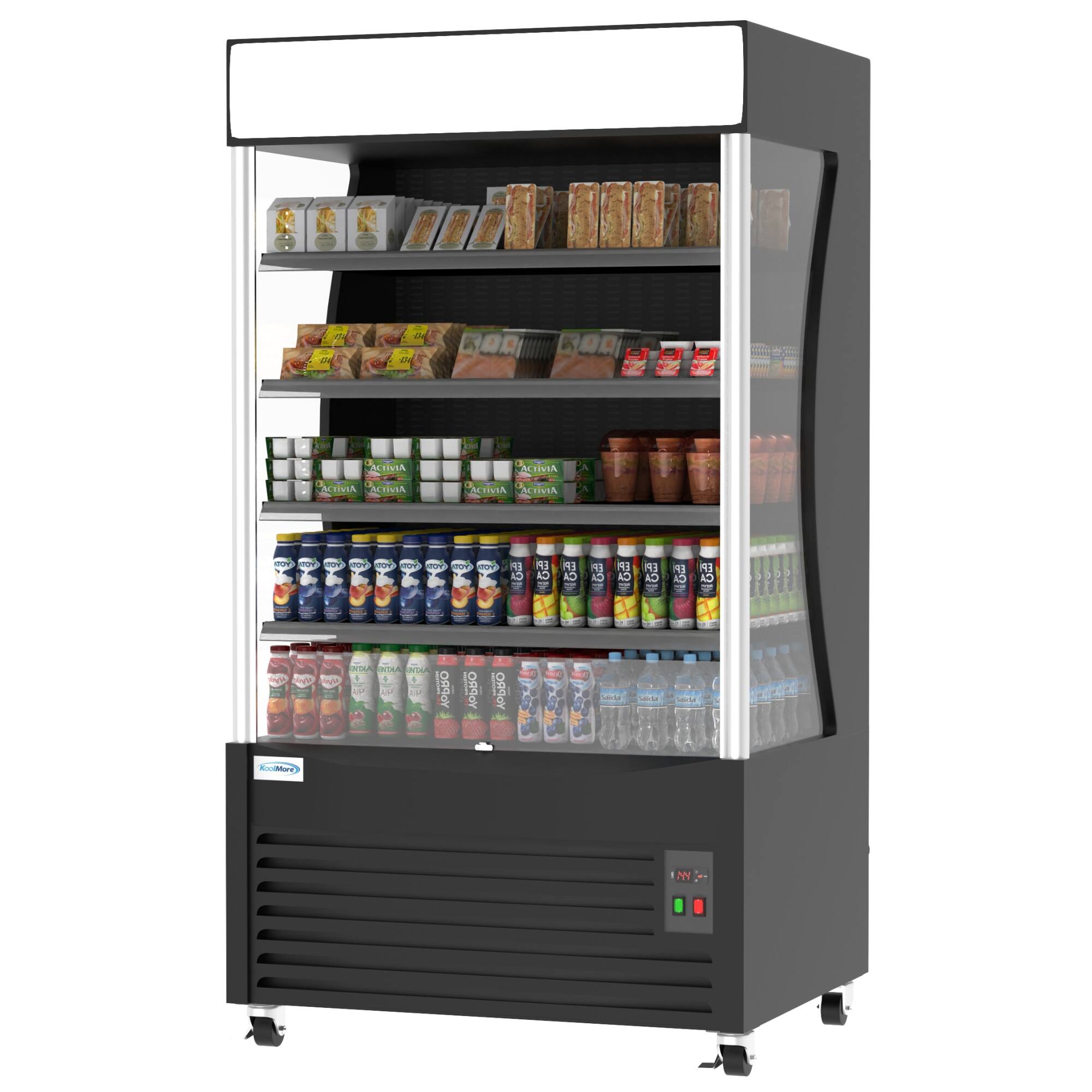 The image features a vending machine with a variety of drinks and snacks inside. There are multiple bottles of water, juice, and soda, as well as a selection of snacks such as chips and sandwiches. The vending machine is filled with a diverse assortment of items to cater to different tastes and preferences.