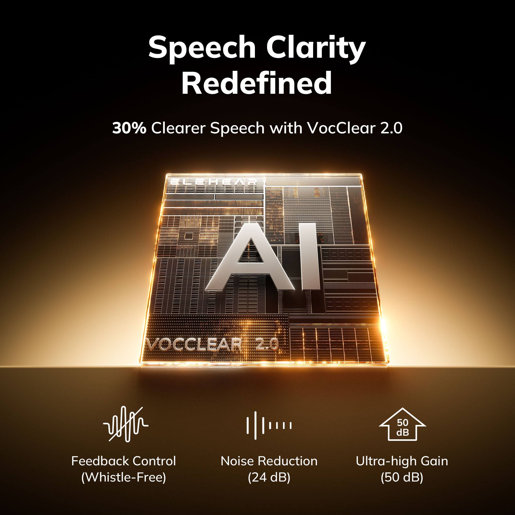 Speech Clarity Redefined  
30% Clearer Speech with VocClear 2.0  

CLEHEAR AI  
VOCCLEAR 2.0  
50 dB Feedback Control (Whistle-Free)  
Noise Reduction (24 dB)  
Ultra-high Gain (50 dB)