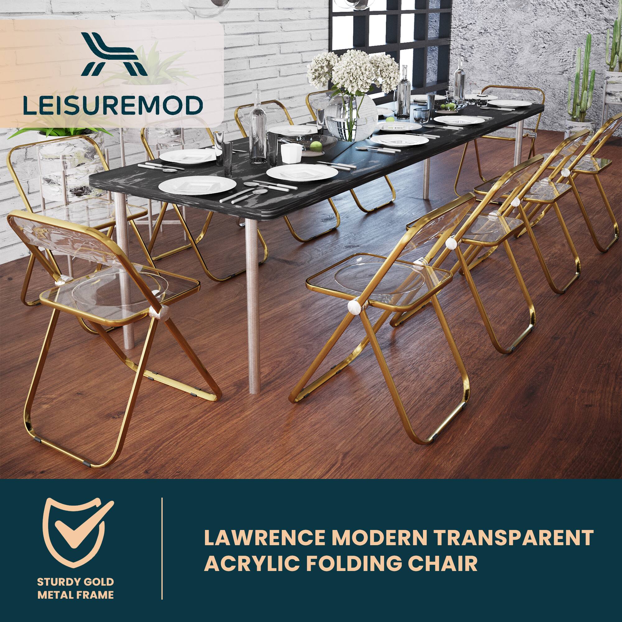 LEISUREMOD STURDY GOLD METAL FRAME LAWRENCE MODERN TRANSPARENT ACRYLIC FOLDING CHAIR