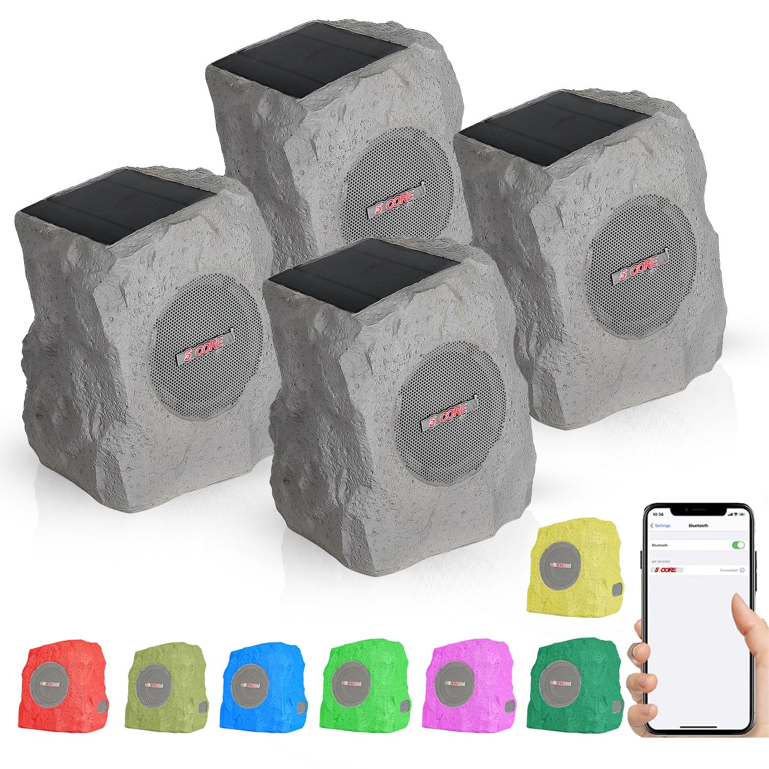 5 CORE - Rock Speaker 4Pc Outdoor Waterproof Bluetooth Garden Speakers Solar USB-GRDNSPK MC GRY 4PCS - Gray