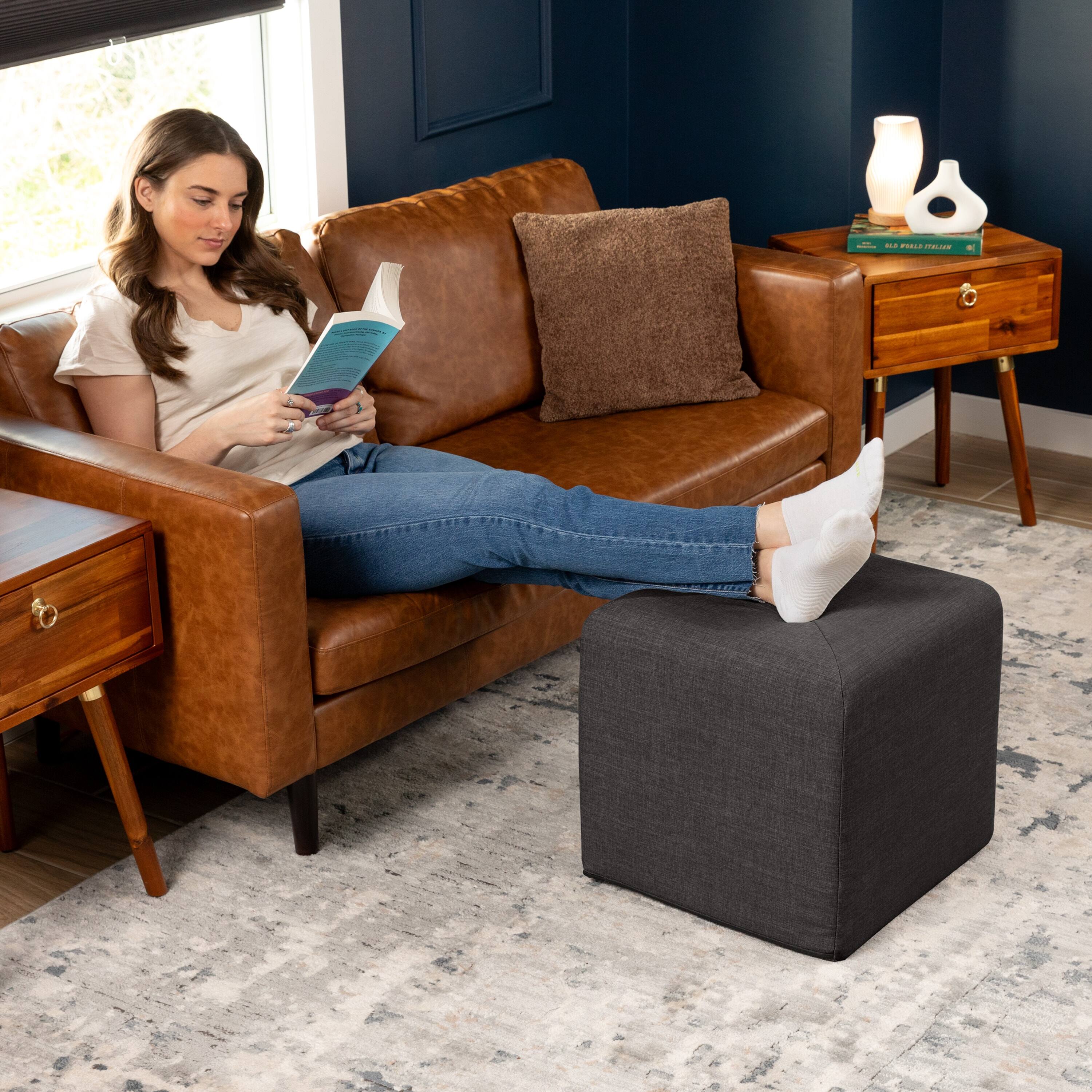 Left. Jaxx - Jaxx Monroe Square Foam Ottoman with Stain Resistant Performance Fabric, Small (18 x 18), Ebony - Ebony.