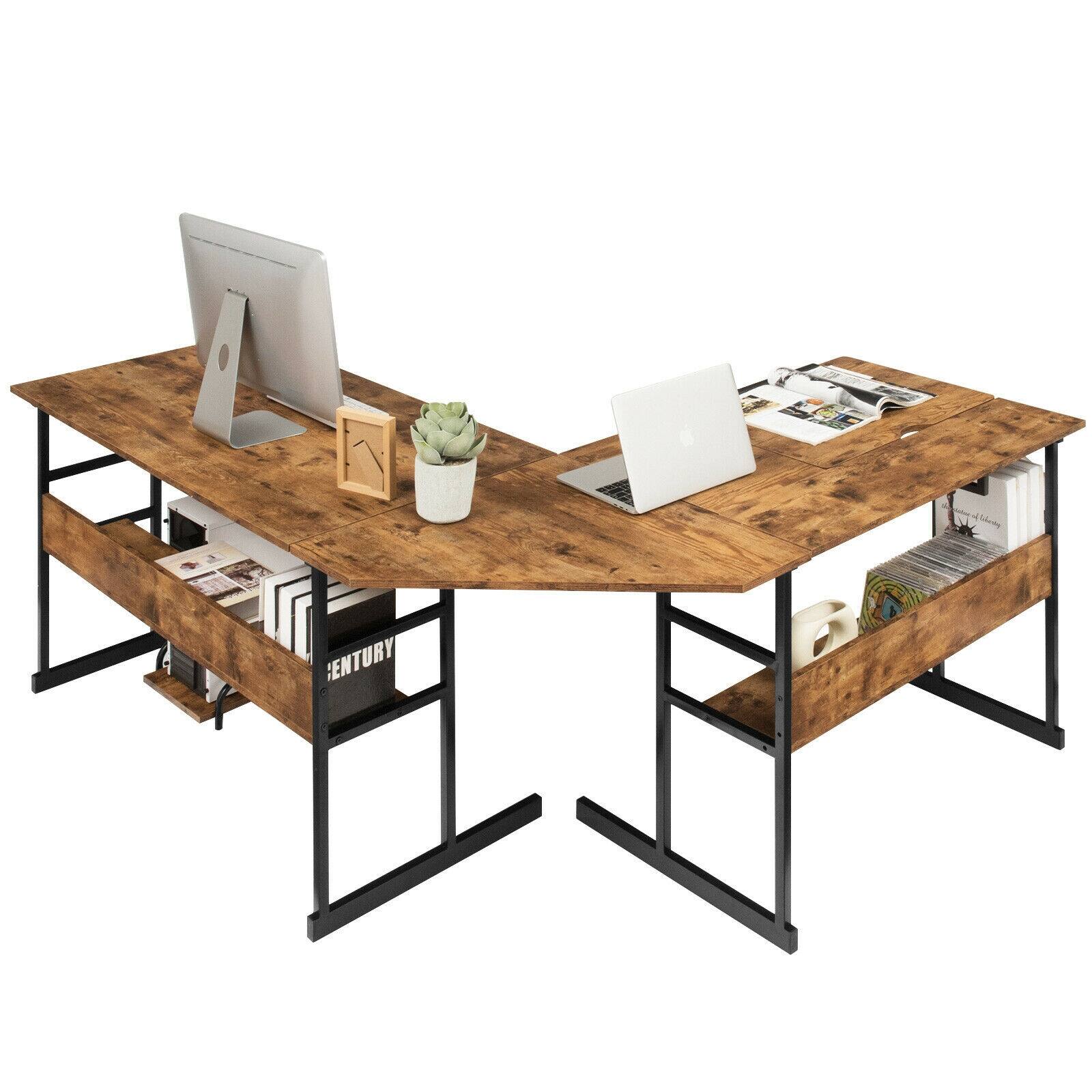 Alt View 3. Sugift - L-Shaped Computer Desk with Tiltable Tabletop - Brown.