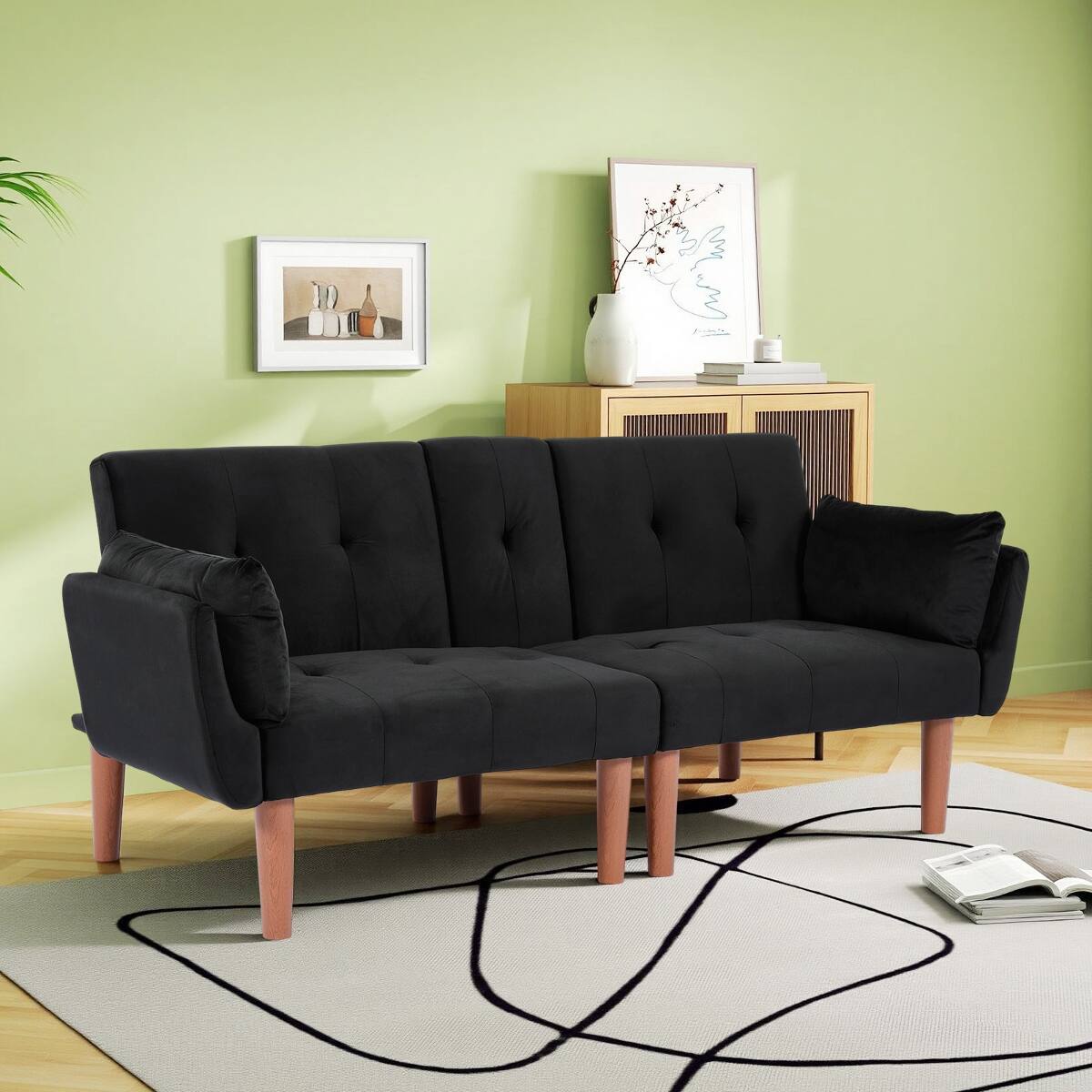 Left. Ropilly - Ropilly Black Velvet Loveseat, 72 Inch Foldable Sofa, 2 Person Couch for Living Room Apartment - Black.