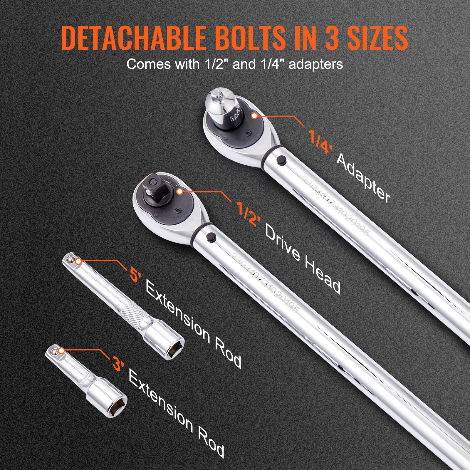 DETACHABLE BOLTS IN 3 SIZES  
Comes with 1/2" and 1/4" adapters  

- 1/2" Drive Head  
- 1/4" Adapter  
- 3" Extension Rod  
- 5" Extension Rod