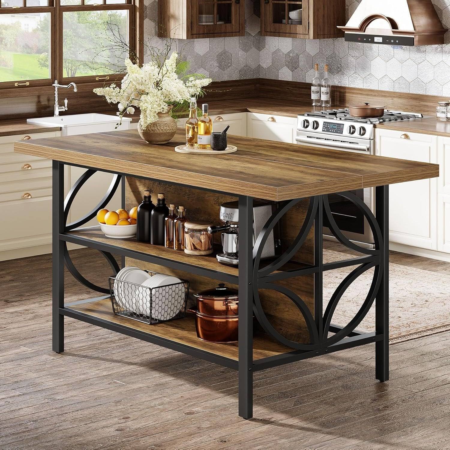 Back. Tribesigns - Kitchen Island with Engineered Wood Construction, Storage Shelves and Adjustable Feet for Kitchen - Brown.