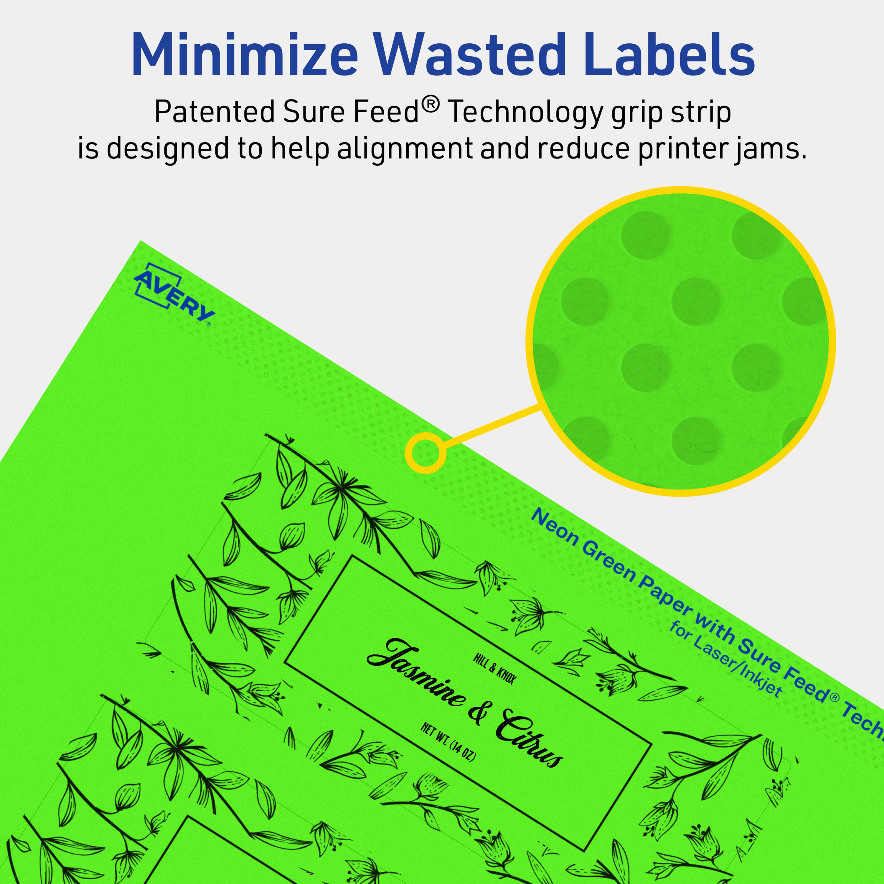 Minimize Wasted Labels

Patented Sure Feed® Technology grip strip is designed to help alignment and reduce printer jams.

AVERY

Neon Green Paper with Jasmine & Citrus for Laser/Inkjet

NET WT 14 OZ
