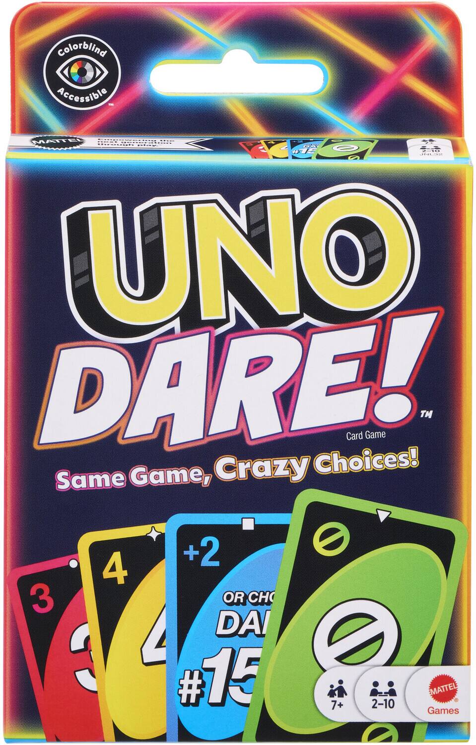Colorblind Accessible MATTEL GAN 1 TE DLC JNLIL G UNO DARE! Choices! Card Game TM Same Game, Crazy +2 4 3 OR CH L DAI : #15 EMATTEL 7+ 2-10 Games