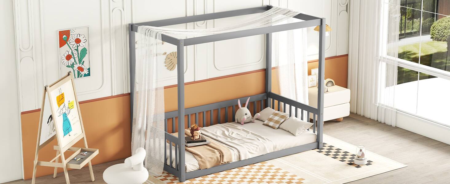 Alt View 8. Tiramisubest - Twin Size Canopy Frame Floor Bed with Fence, Guardrails,Grey - Grey.